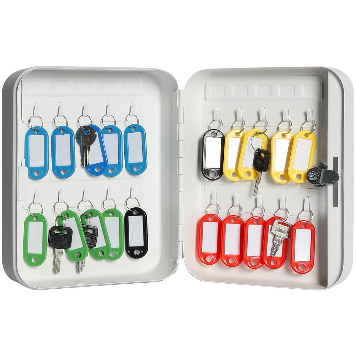 JssmstKey Lock Box Wall Mount Security Key Storage Box, Locking Key Cabinet Wall Mount with 20 Key Hooks & Tags Key Labels, 7.87 x 6.3 x 2.95 inches, White Matt