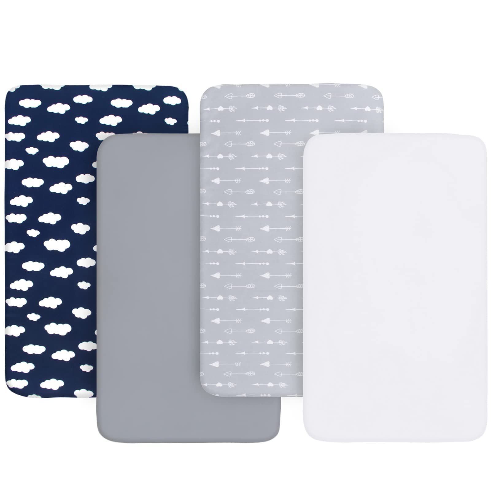 BilobanMini Crib Sheets 38'' x 24'', 4 Pack Ultra Soft Microfiber Fitted Portable/Mini-Crib Sheet for Baby Boys and Girl, Grey/Navy/White