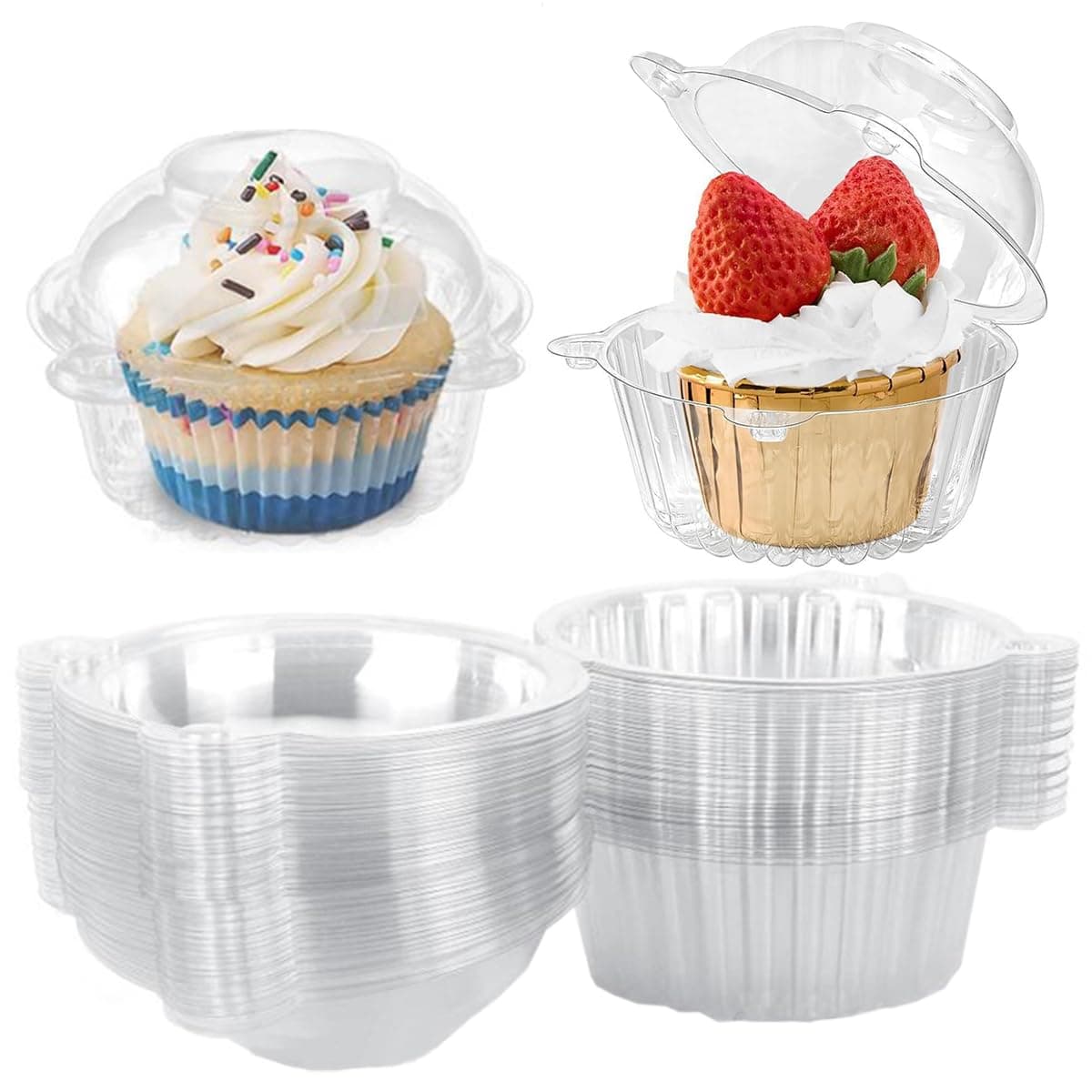 100 Pcs Plastic Single Individual Cupcake Muffin Dome Holders Cases Boxes Cups Pods
