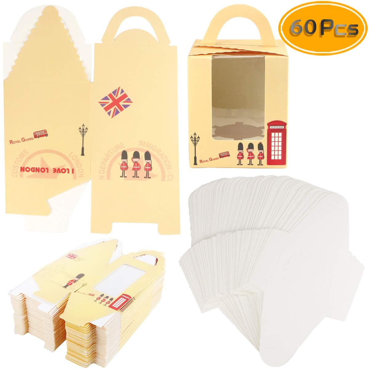 UPlama 60PCS Single Cupcake Boxes, Clear Window Cupcake Boxes With Inserts Handle Muffins Cupcake Carriers Pastry Containers Bakery Wrapping Packing For Cupcake Boxes (London-style Red Phone Booth)