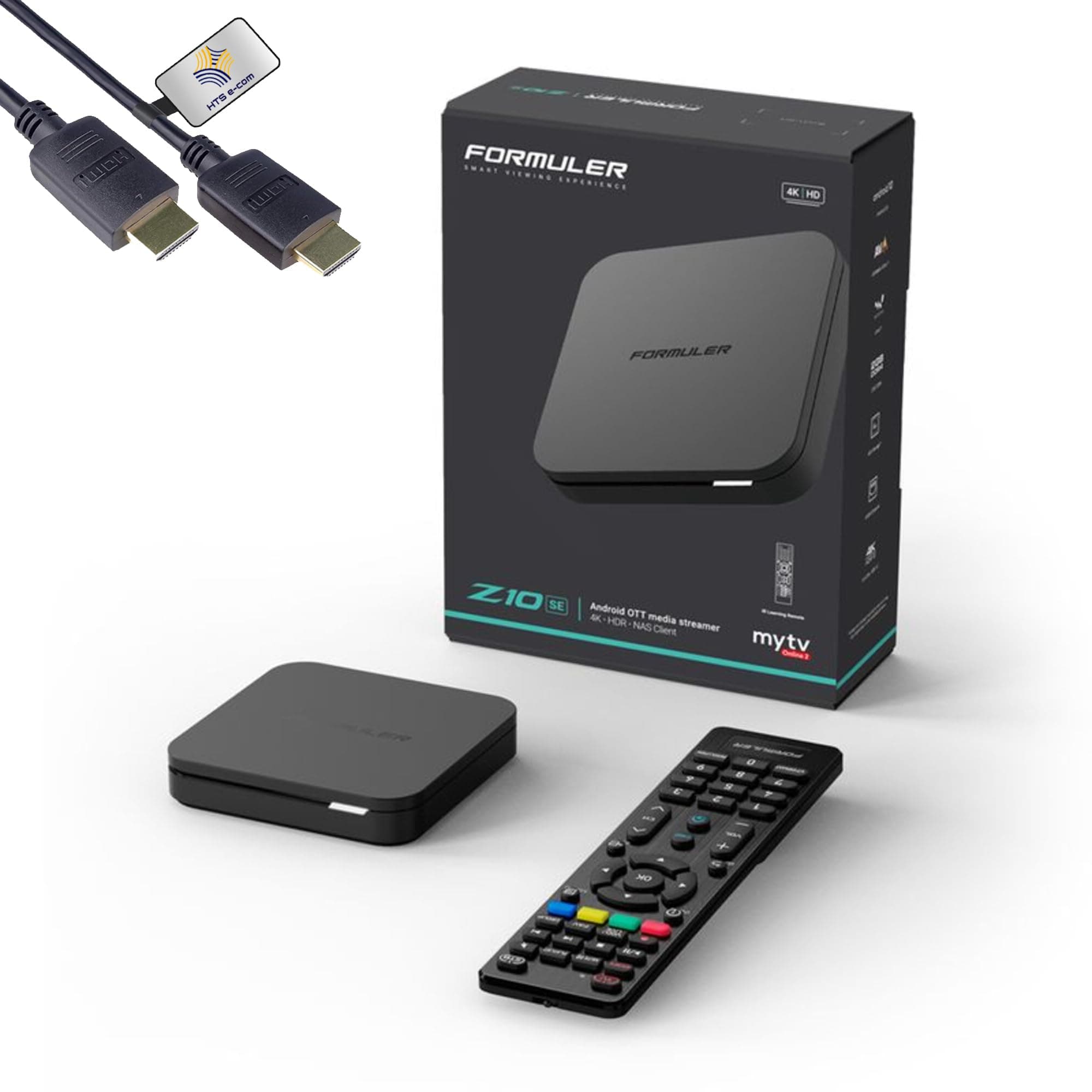 HTS e-comFormuler Z10 SE 4K Android 10 Ott, 4K UHD 10-bit 60fps H.265, Transmission Box Media IP HDR10+ Smart Ott, WiFi, Remote Control, Widevine L1 Compatibility, MYTVOnline2, HDMI Cable