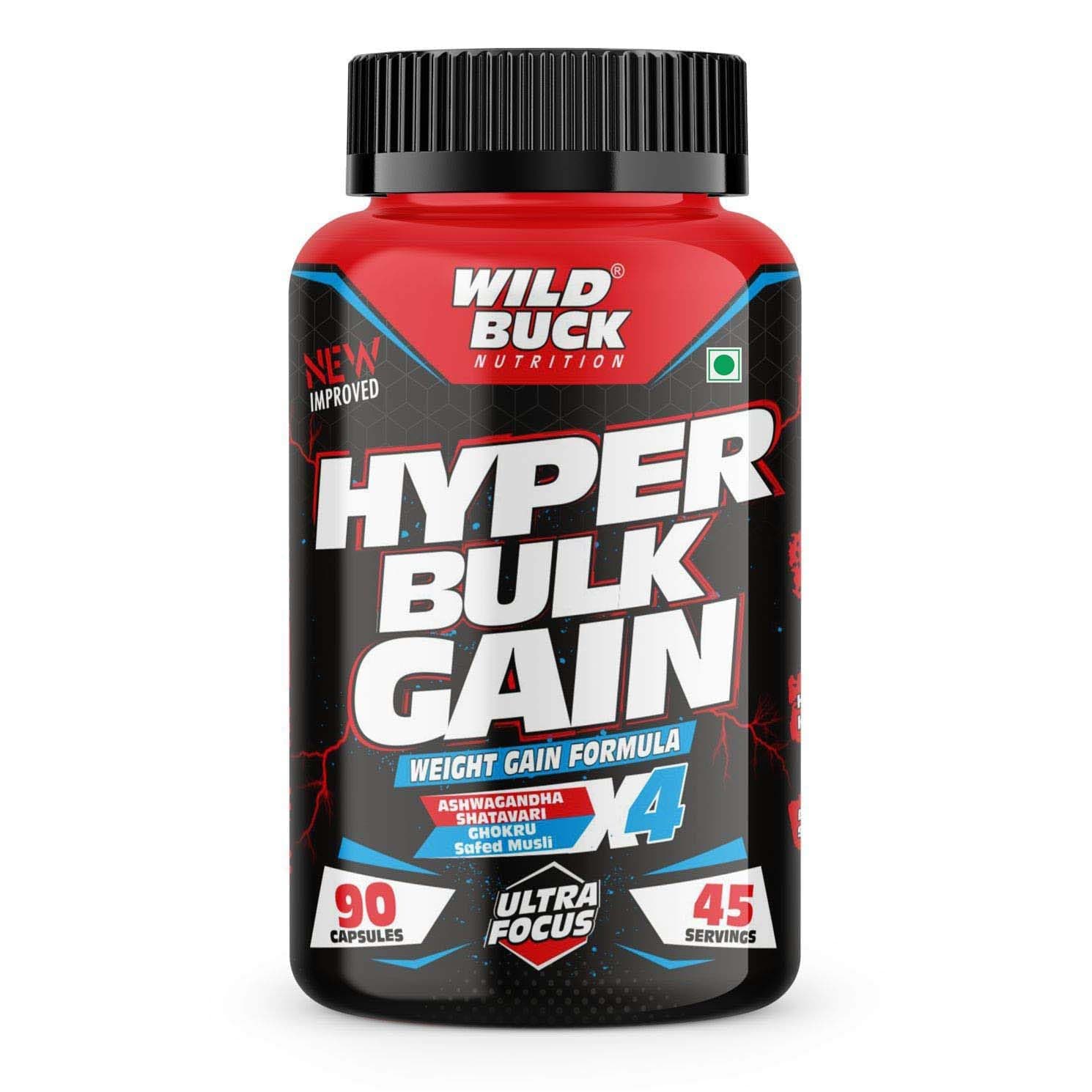 WILD BUCK Hyper Bulk Gain Mass & Weight Gainer Capsule For Fast Weight & Muscle Gain,Daily Muscle Building Weight Supplement For Muscle Growth,Stamina & Strength,For Men & Women- 90 Cap,1 Count