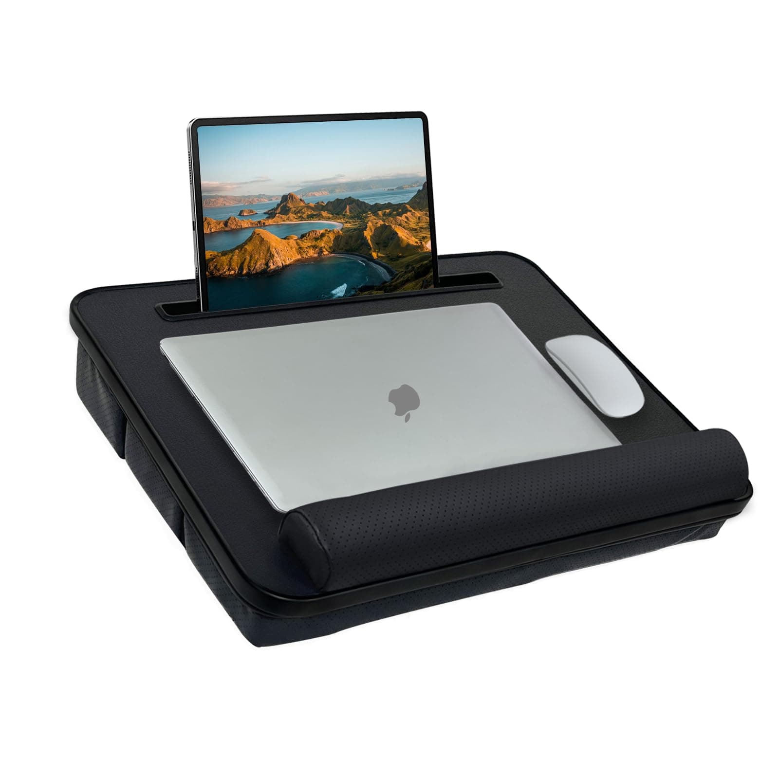 KLEARLap Desk for Bed, PVC Leather Surface Laptop Lap Desk with Pillow Cushions, Tablet, Phone Slot, Wrist Rest, Fits up to 15.6 in Laptop, Lap Pad for Bed, Sofa and Outdoor (Medium,Black)