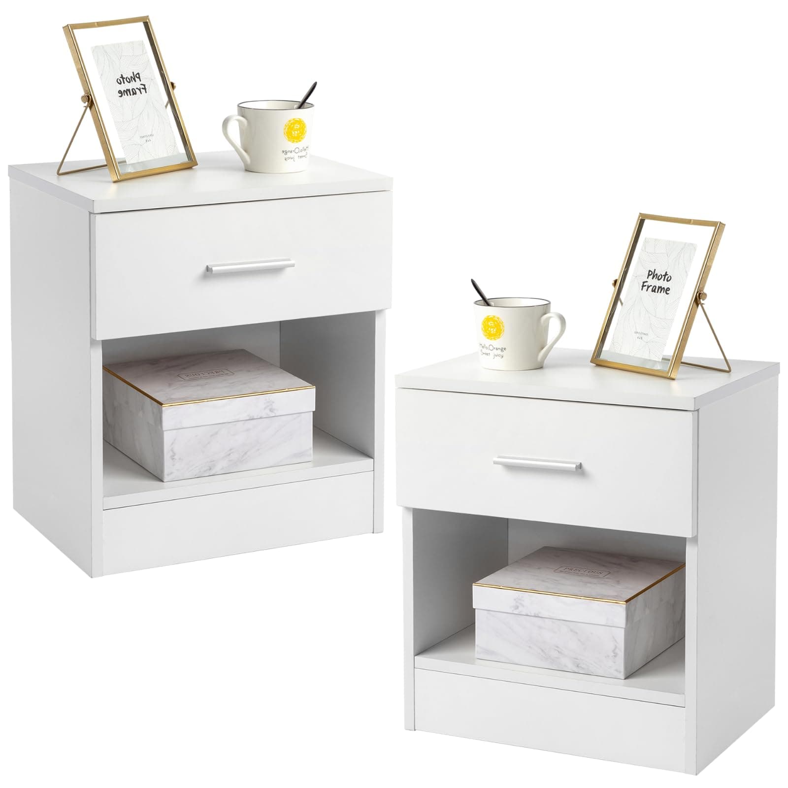 Karl home Modern White End Table Set of 2, Bedside Table with 1 Drawer & Shelf, Wood Nightstand for Bedroom, Living Room, 15.35 x 11.42 x 16.14 inches, White