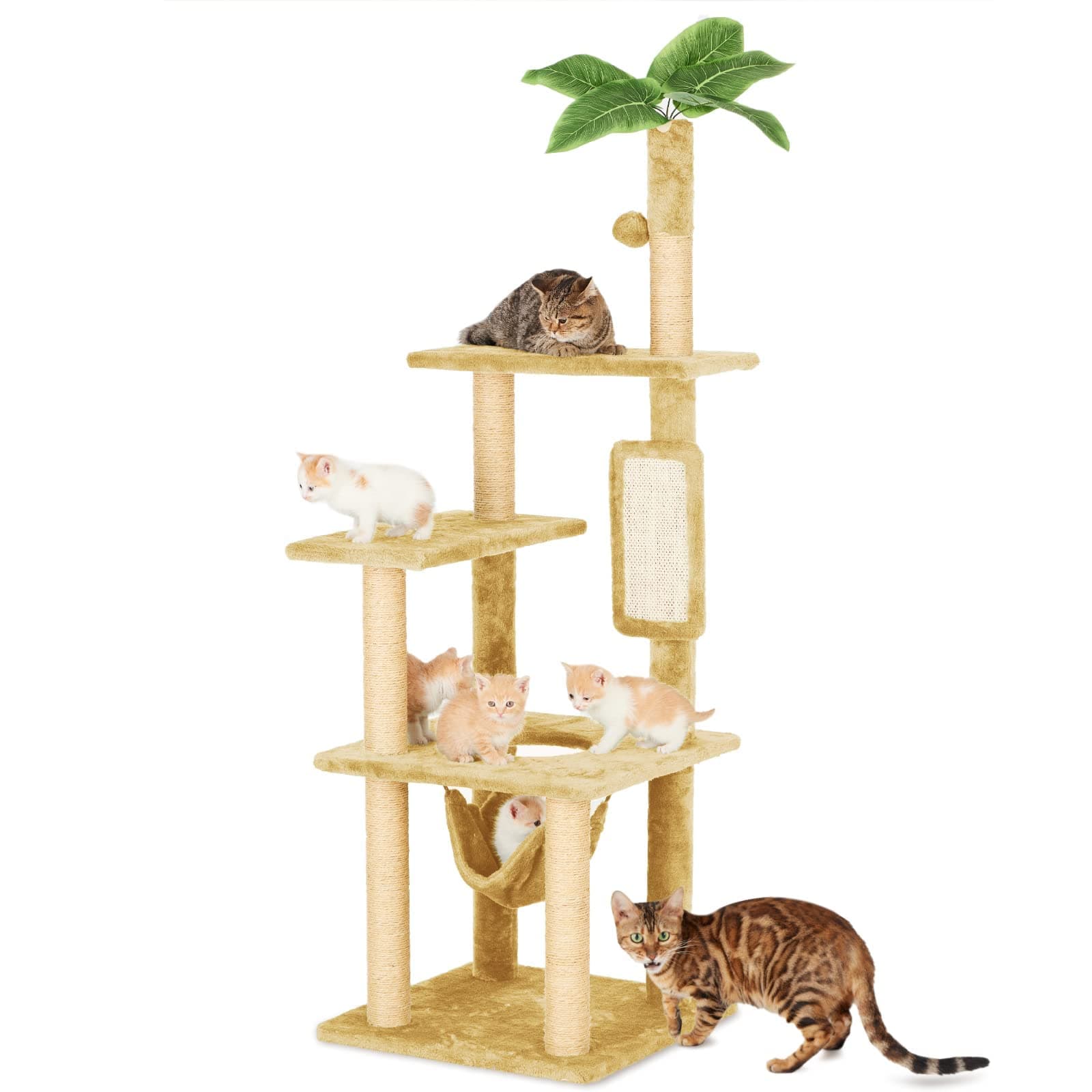 55" Cat Tree for with Green Leaves, Multi-Level Large Cat Tower with Hammock, Plush Cat House with Hang Ball Toy and Sisal Scratching Posts Furniture, Beige