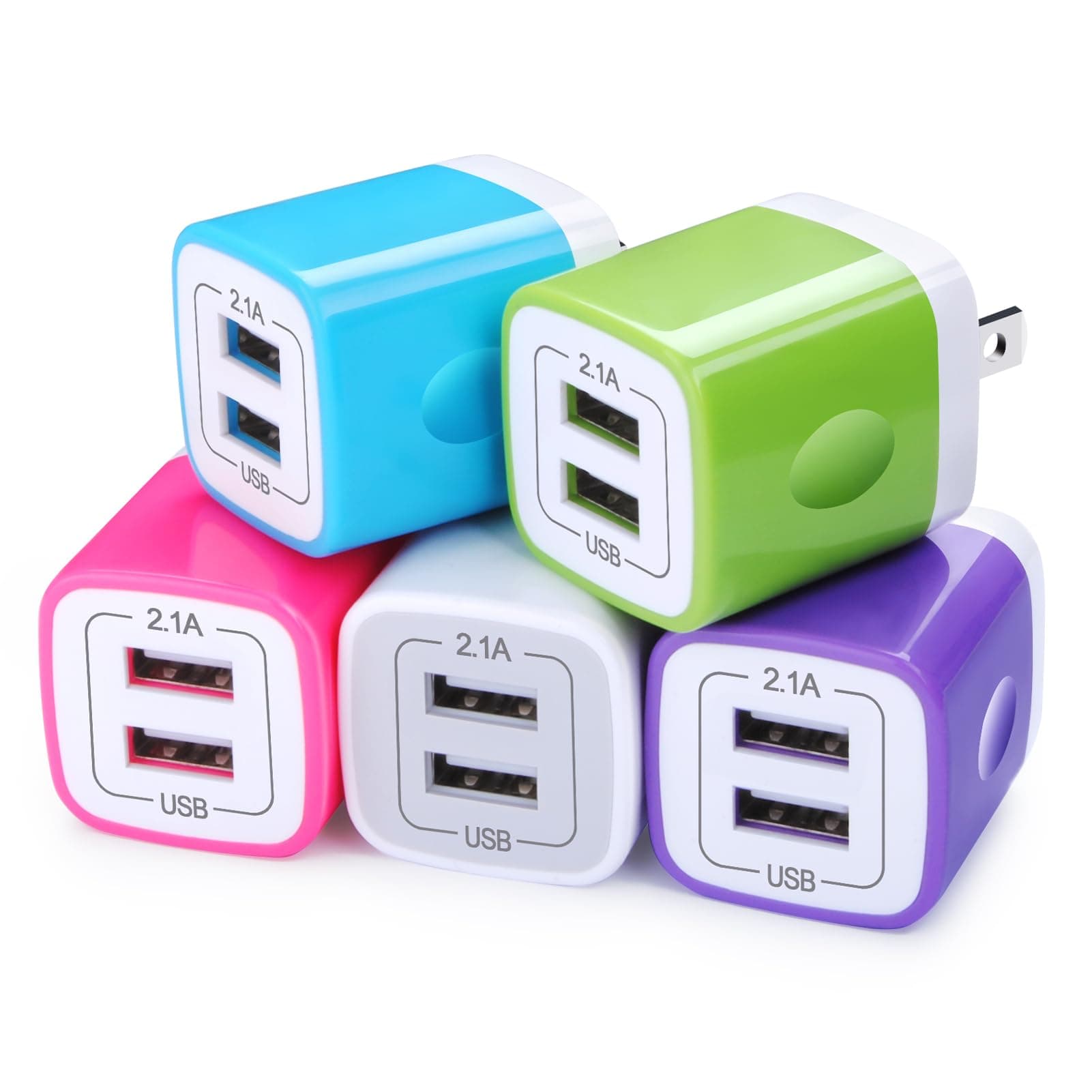 USB Wall Charger Adapter, FiveBox 5Pack 2.1Amp Fast Dual Port Wall USB Plug Charging Block Charger Brick Cube Box for iPhone 17 Air 16e 16 Pro Max 15 14 13 12 11 Xs XR X 8 7, Samsung, Android