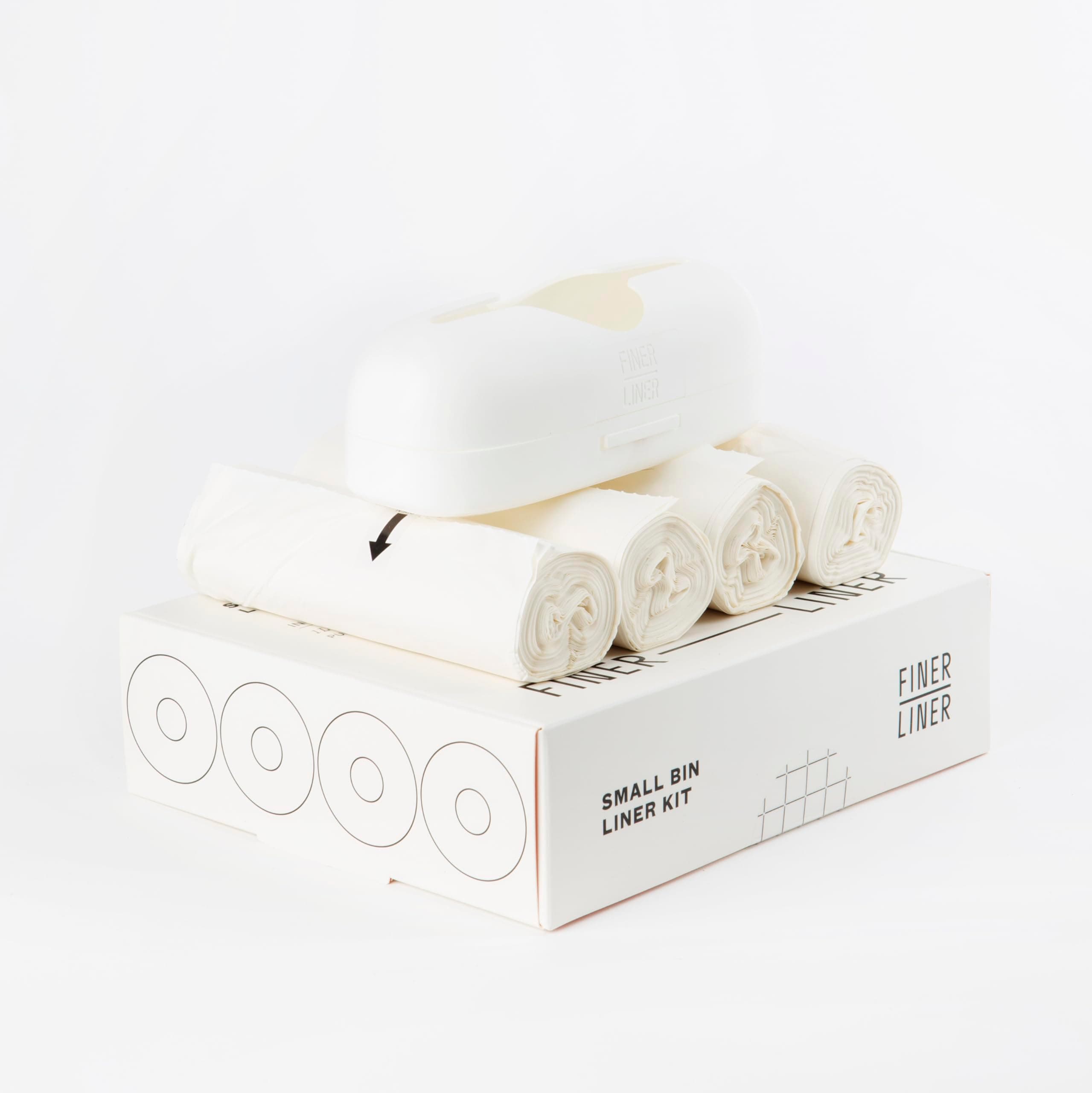 FINER LINER Small Bin Liner Kit, Includes 1 Refillable Dispenser & 4 rolls of unscented trash bag liners (40 count total), Fits up to 3 gallon small trash cans