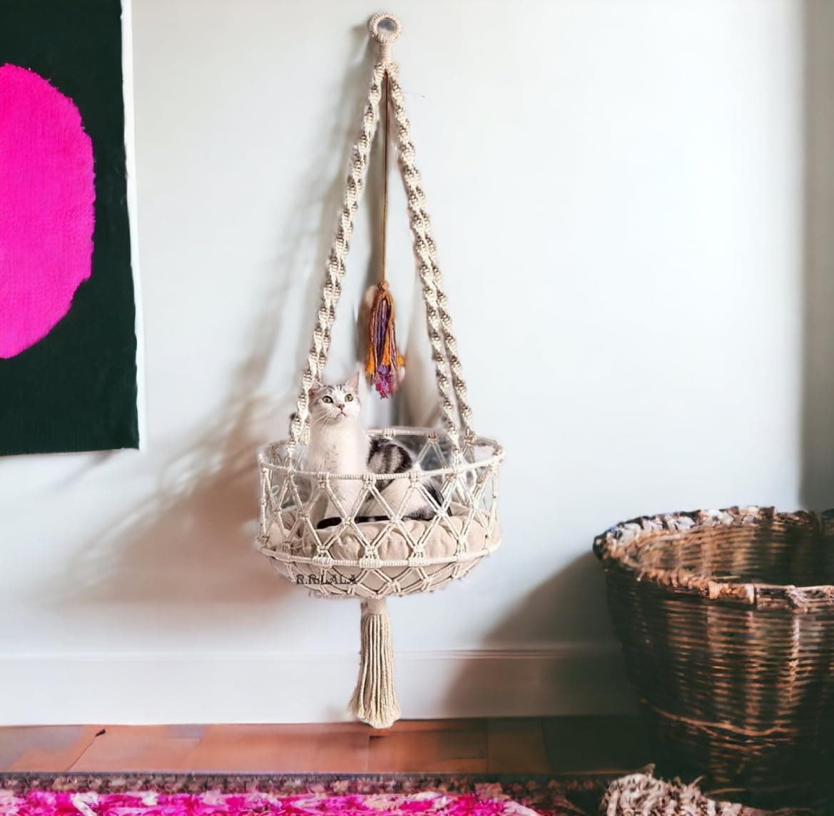 Cat Hammock for Pets, Macramé pet Bed, Boho Hanging Pet Bed, Macramé Hammock Swing, Cat Gift, Pet Furniture Pet Hammock Without Any Pillow Color: Off White