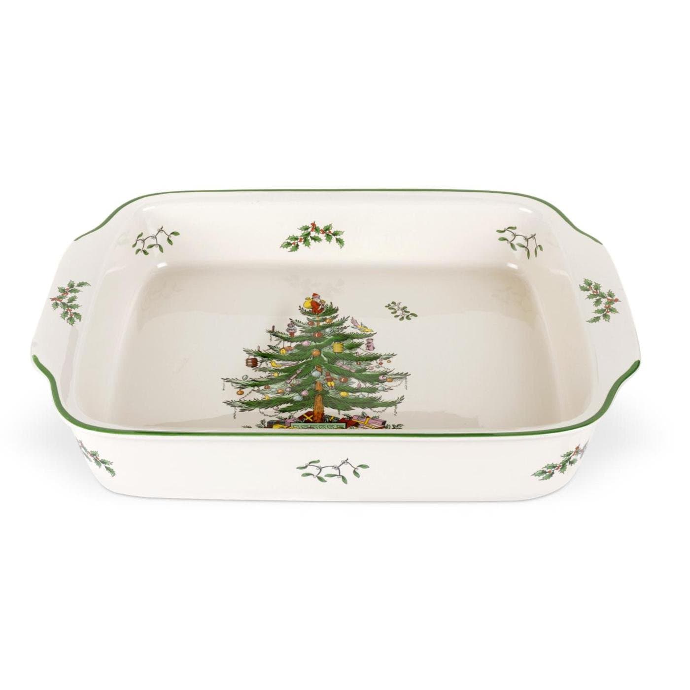- Christmas Tree Rectangular Handled Dish (9" x 12") Baking & Seasonal Platters - Earthenware, Microwave & Dishwasher Safe - Festive Tableware for Holiday Entertaining & Christmas Dining