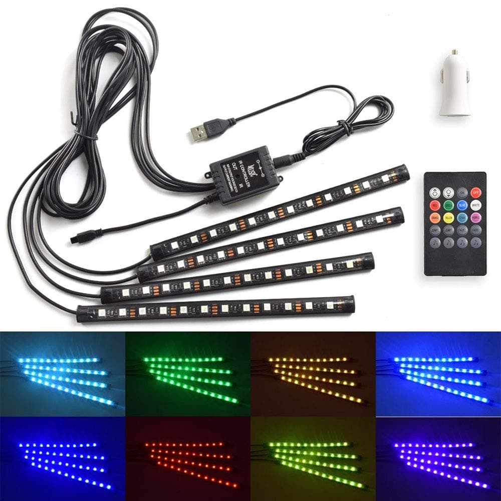 Car Interior Light Strip USB Port 48 LED Multi-Color Footwell Neon Lightning Kit 12V RGB Dimmable Music Sound Activated