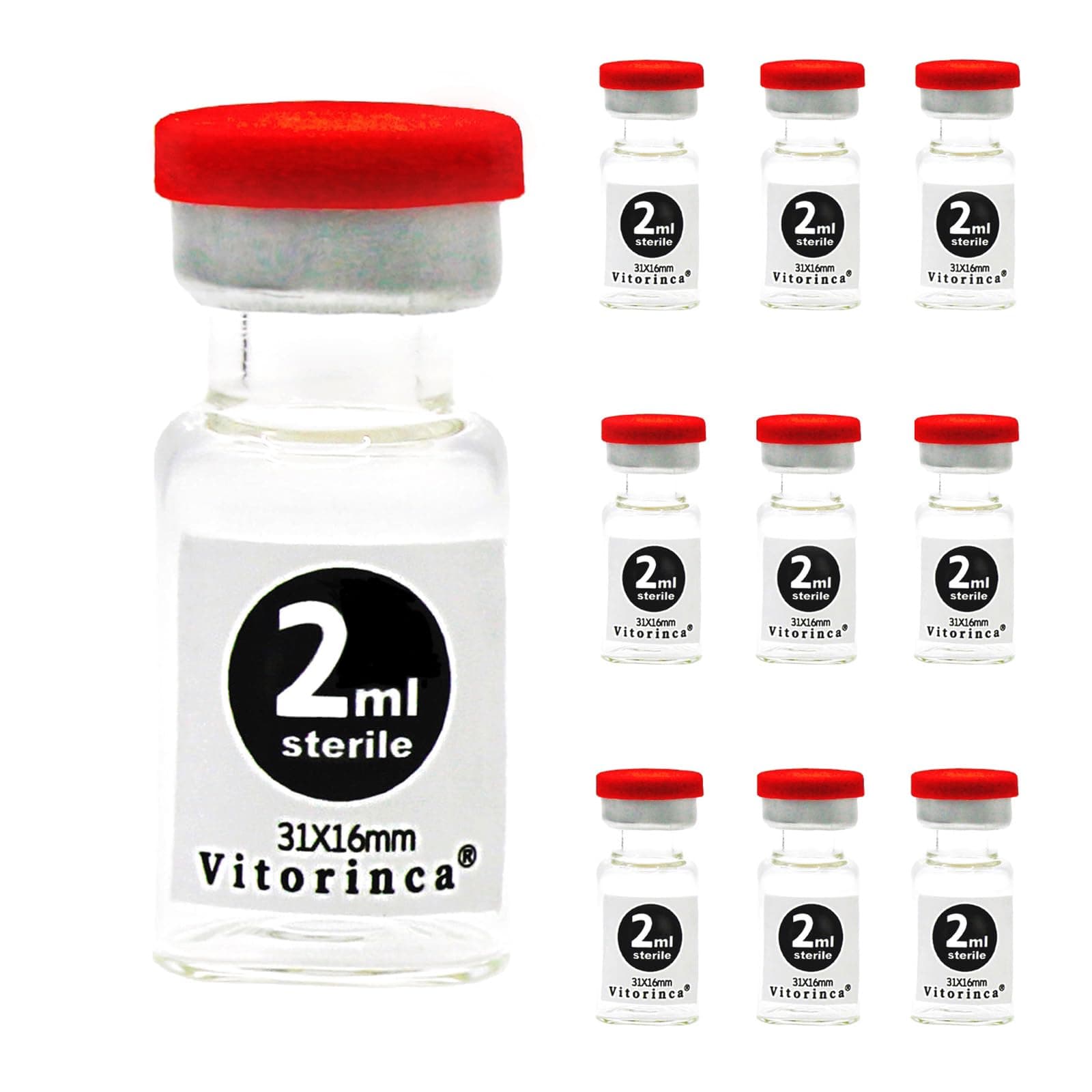 Vitorinca 2ml Sterile Glass Vials, 10 Pack-2ml Sterile Empty Vials, Self-Healing Injection Port and Flip Top Cap, Sterile Packaging