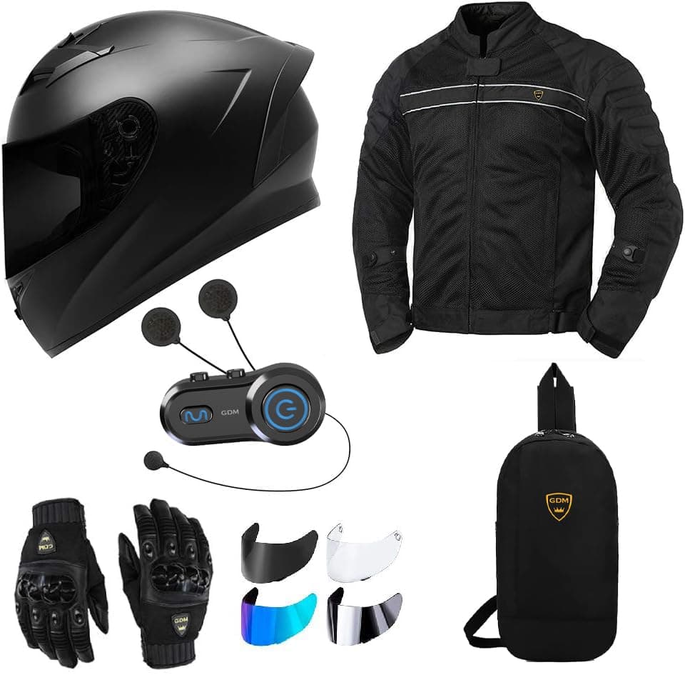 GDM Motorcycle Protective Gear Bundle (Premium Connect) - Helmet, Jacket, Gloves, Shields, Backpack, Bluetooth Intercom