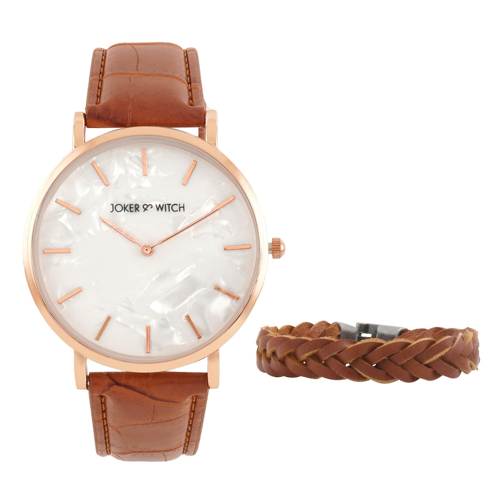 Joker & WitchLeather Men Gil Analogue Watch Bracelet Stack, White Dial, Brown Band