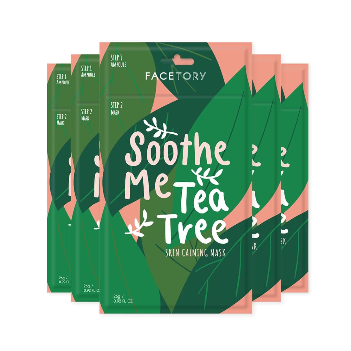 FACETORY Soothe Me Tea Tree 2-Step Sheet Mask with Tea Tree Oil and Chamomile Extract - For Acne Prone Skin - Soothing, Hydrating, Calming, and Balancing (Pack of 5)