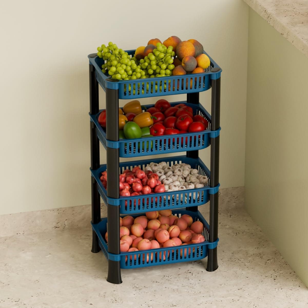 Multipurpose Plastic Storage Rack for Kitchen, Onion Potato Sabji, Fruit Corner Storage Stand Basket, Folding Rack, Countertop Kitchen Organizer Cart, Trolley Rack (4 Layer, Blue)