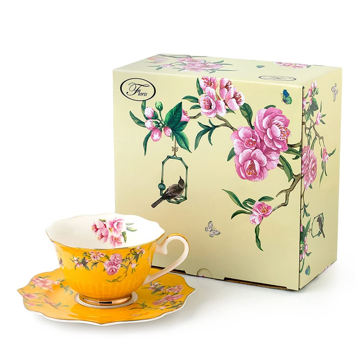 Pink Peony Flowers Pattern Ceramic Tea Cup with Saucer, Bone China Teacup for Afternoon Tea or Home Décor- Yellow (Cup and Saucer Set)