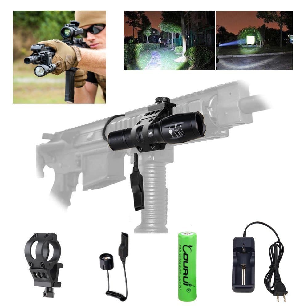Anekim 250 yard 1-Mode Zoomable White Light Torch CREE XPL V6 1000 Lumens Adjustable Focus LED Tactical Flashlight Gun Mount Remote Pressure Switch