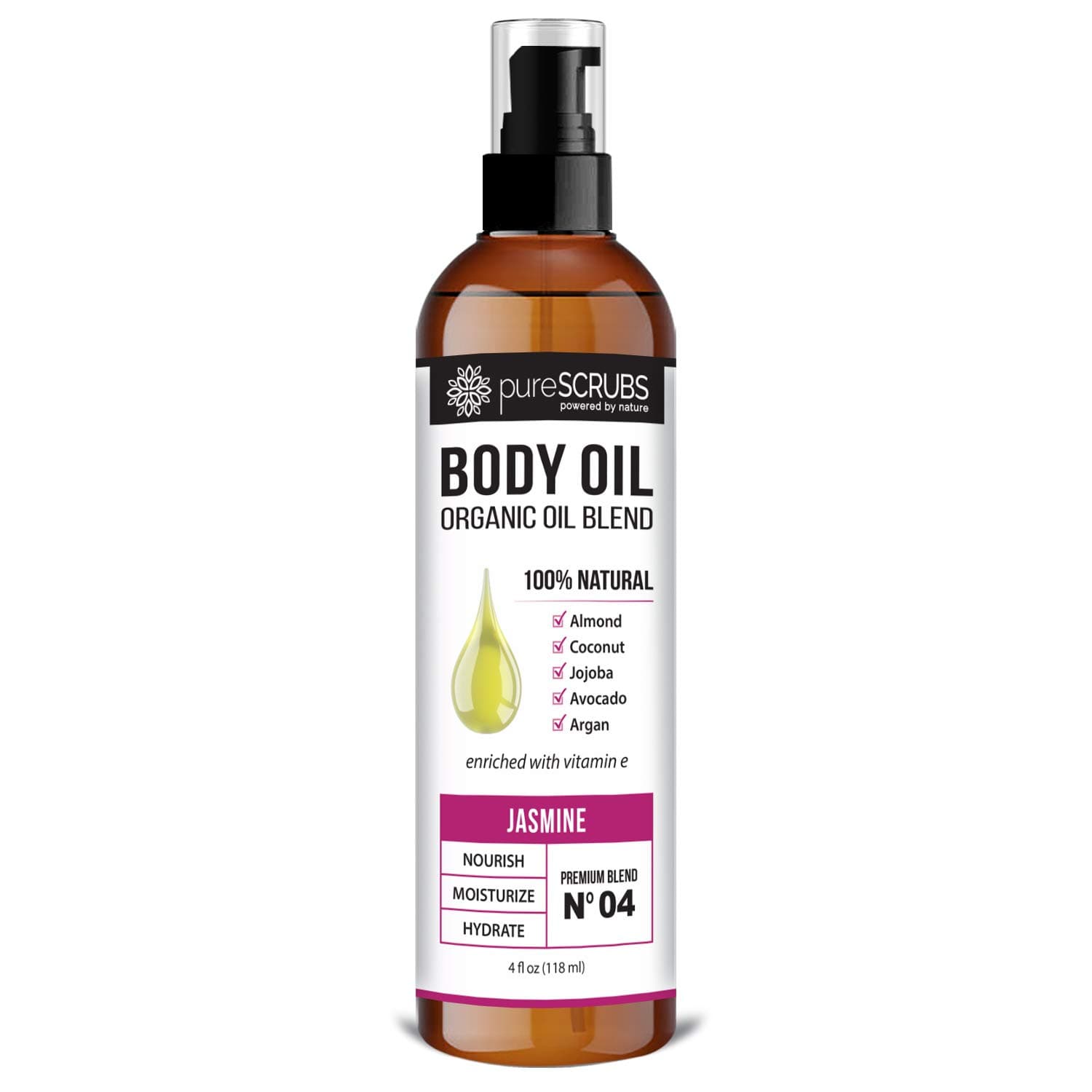 pureSCRUBS Ultra Moisturizing Jasmine Body Oil Spray for Dry Skin, Massage, Cuticles & More - Organic Super Blend of Jojoba, Argan, Coconut, Sweet Almond & Avocado Enriched with Vitamin E - Lg 4oz