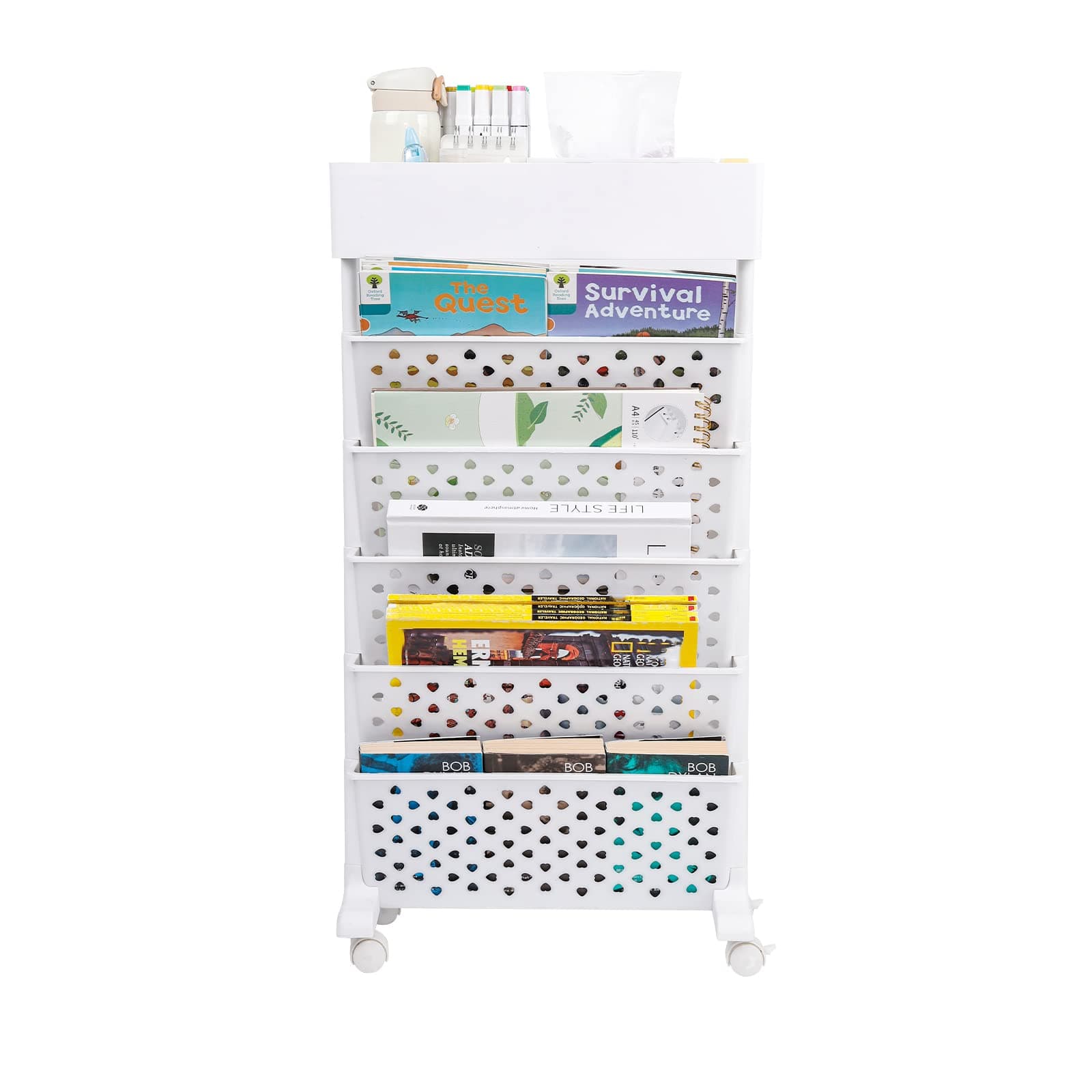 Yesesion Rolling Office Paper Organizer with Wheels, 5-Tier Document File Fold Holder Rack with Pencil Holder, Assemble Letter Sorter Tray for School Classroom Home, Magazine Storage Bookshelf (White)