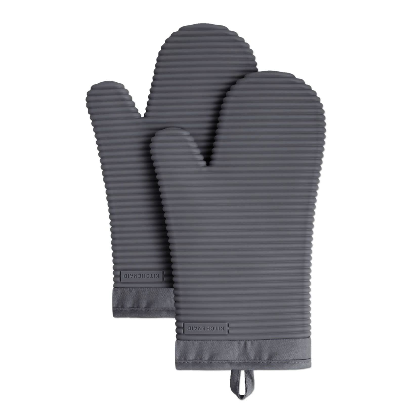 Ribbed Soft Silicone Oven Mitt 2-Pack Set, 7.5"x13", Charcoal Grey