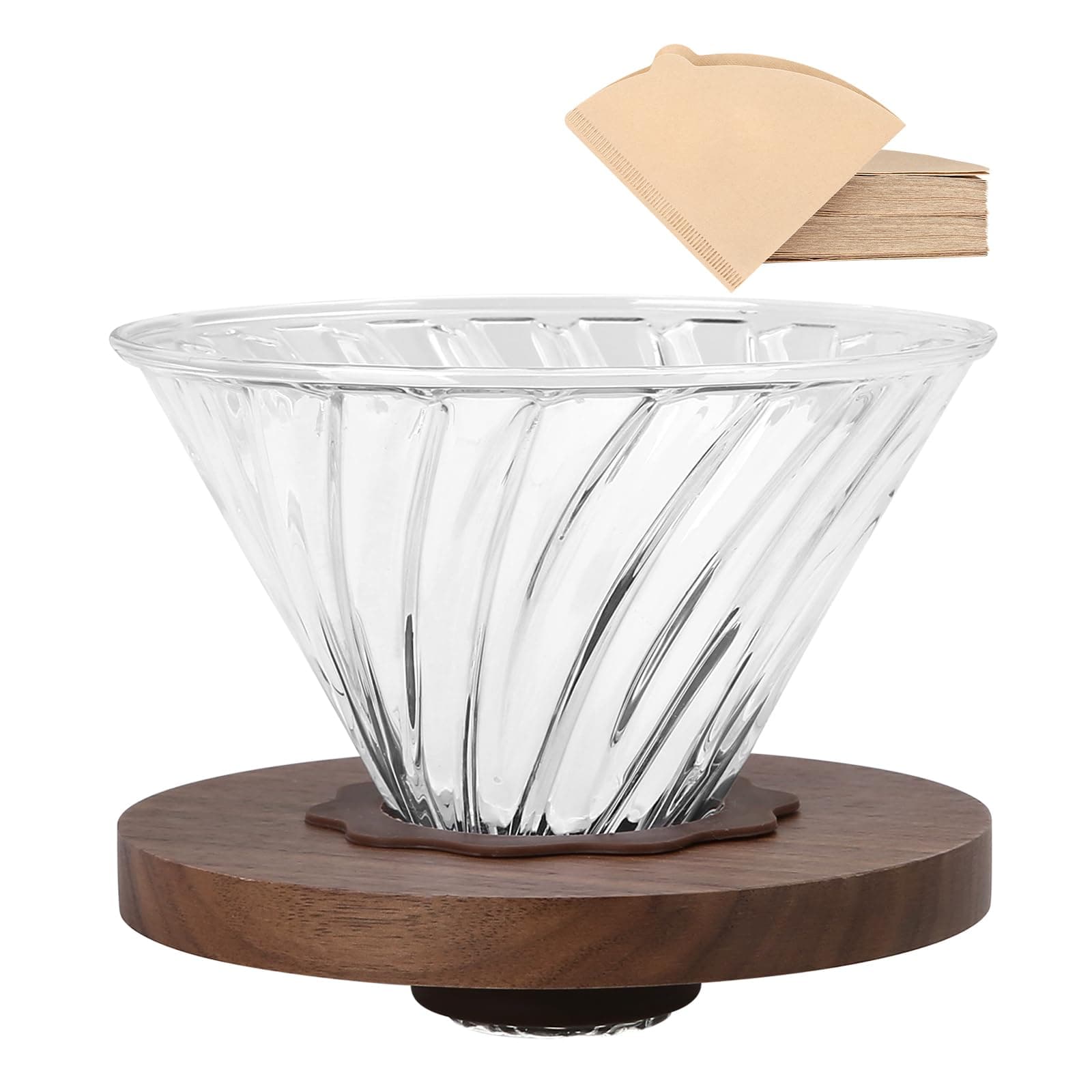Pour Over Coffee Dripper with 100 pcs Size 02 Paper Filter, Walnut Handle and Borosilicate Glass, Glass Coffee Dripper, Hold for 1-4 Cups
