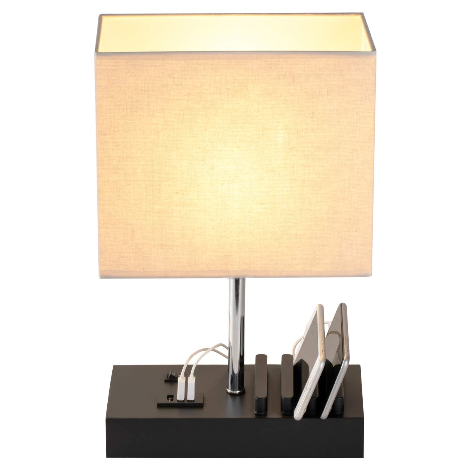 Briever USB Bedside Table Lamp, Desk Lamp with 3 USB Charging Ports and Phone Charge Dock, Black Wood Charging Station and Organizer, Perfect Light for Bedroom, Guest Room, Living Room, Office