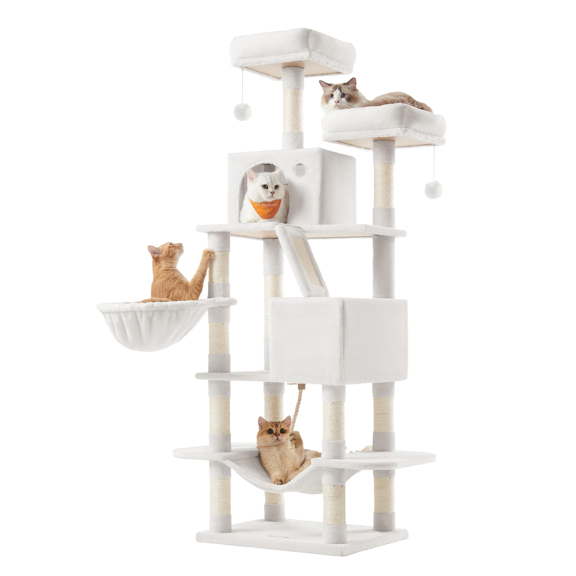Feandrea Cat Tree, 168 cm Large Cat Tower Condo with 13 Scratching Posts, 1 Scratching Ramp, 2 Perches, 2 Caves, Basket, Hammock, Pompoms, Cream White PCT165T01V1