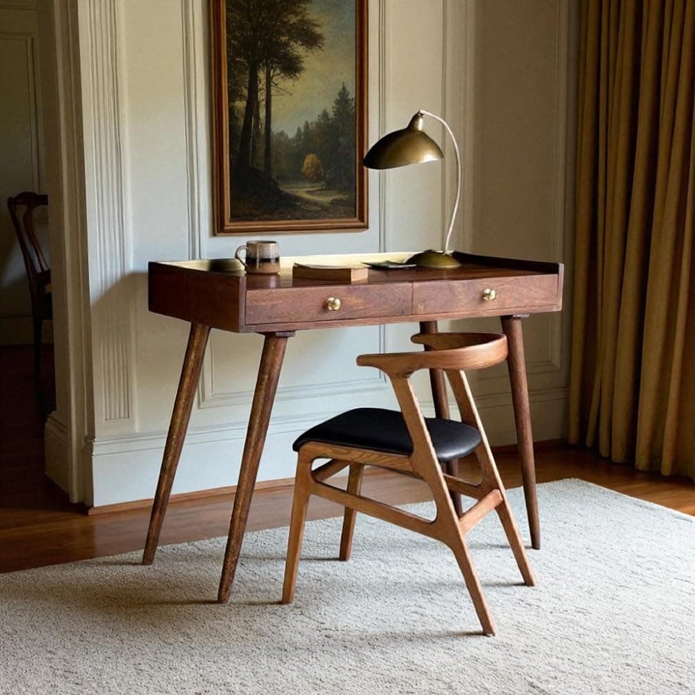 Wooden Office Study Desk for Home | Laptop Computer Table with 2 Drawer Storage | Writing Table | Solid Wood, Natural Finish