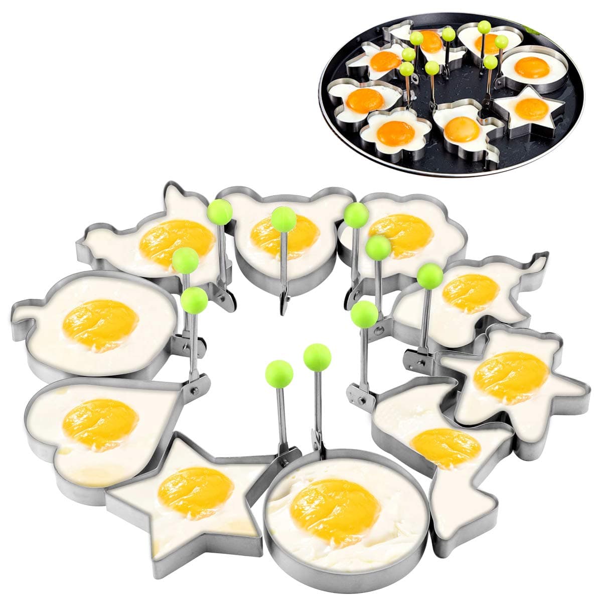 Twdrer 10 Pack Stainless Steel Fried Egg Rings Set,Egg Shaper Pancake Form Mold Maker with Handle Non-Stick for Griddle Pan