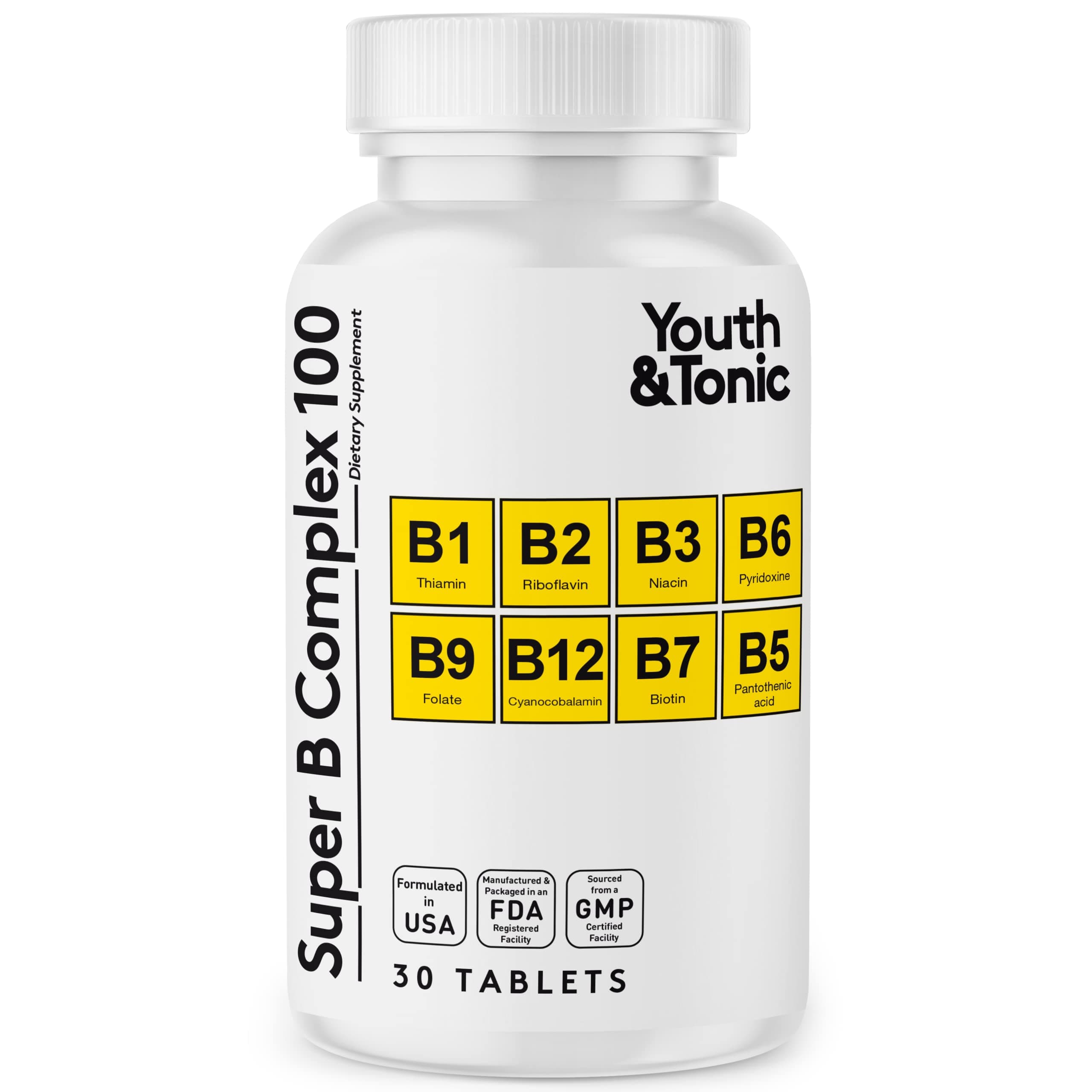 Youth & Tonic Super B Complex B-100 with Choline, Inositol & PABA – High Potency B1, B2, B3, B5, B6, Biotin & B12 – Energy, Mental Clarity, Stress & Nervous System Support – 1-Month Supply