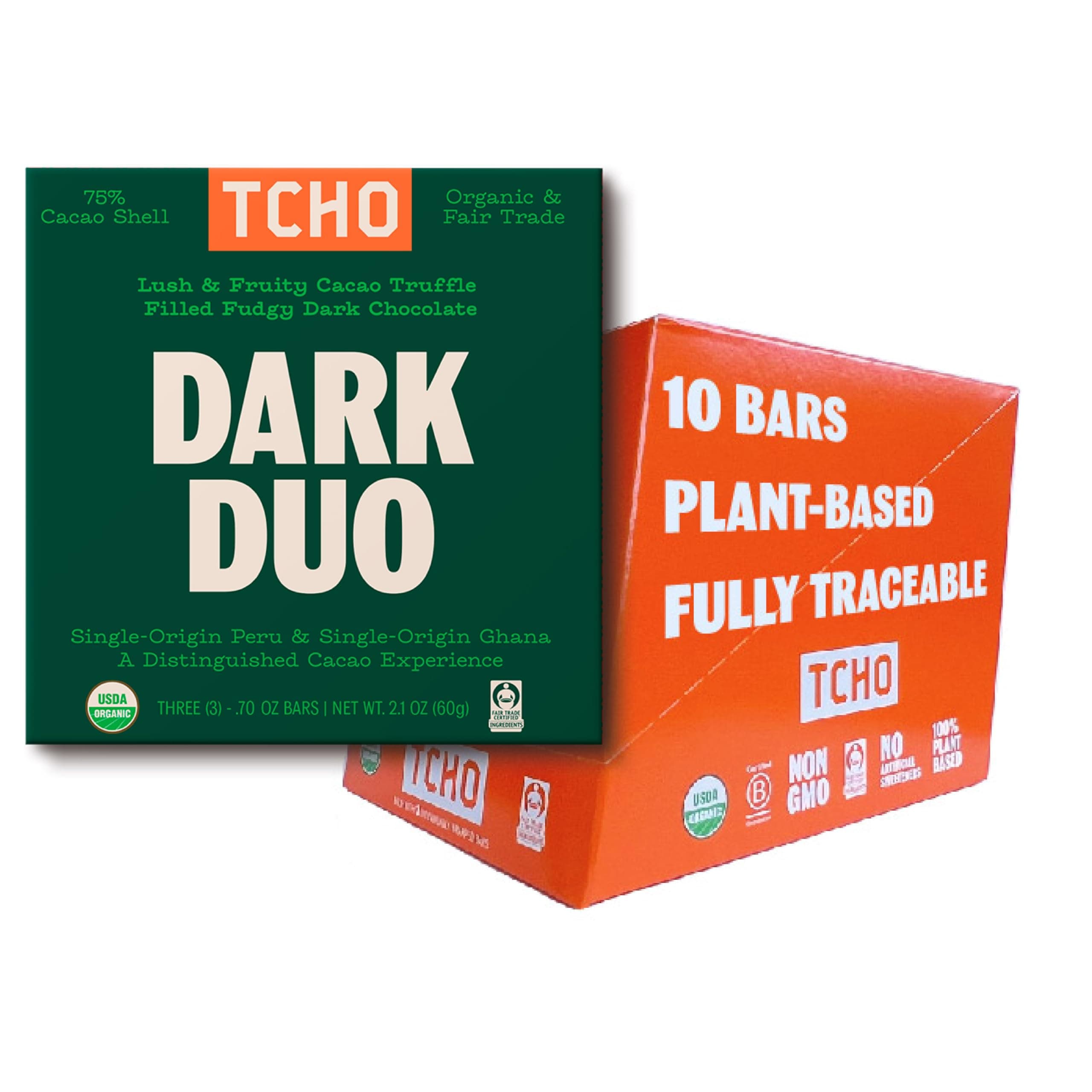 TCHO Dark Duo Chocolate Bars | 10 Pack, 2.5oz Each | 100% Plant Based, Single Origin, USDA Organic, Vegan Friendly, Kosher, Non-GMO, Non-Dairy, Soy Free, Fair Trade Certified Dark Chocolate
