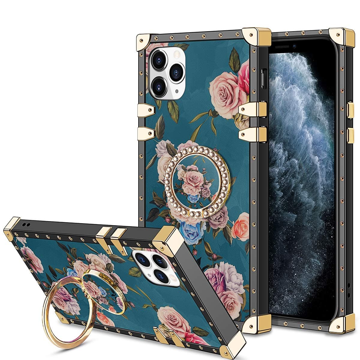 HoneyAKE Case for iPhone 11 Pro Max Case with 360 Degree Rotation Ring Stand Holder Floral Flower Elegant Soft TPU Reinforced Corner Shock-Absorbing Protective for iPhone 11 Pro Max 6.5 inch, Peony