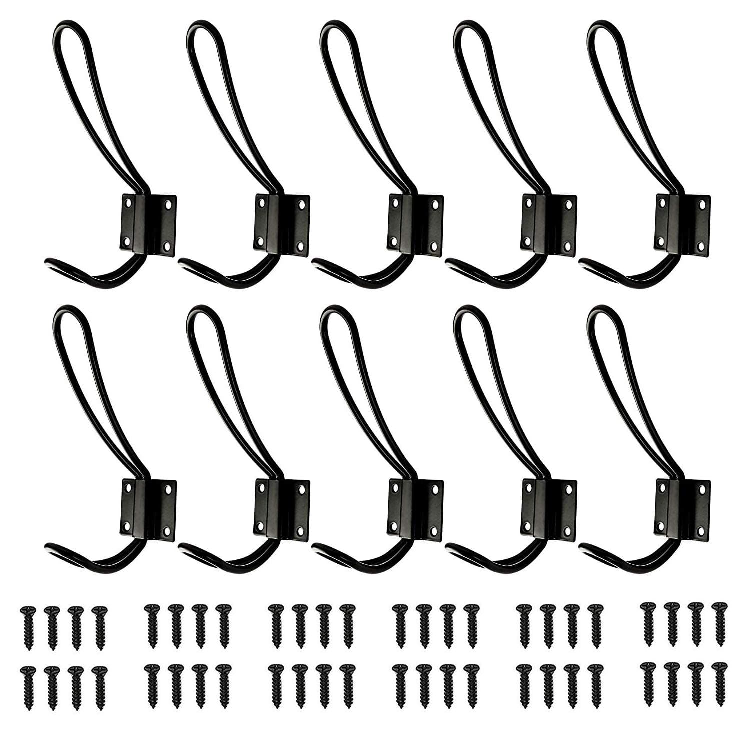 10 Pack Black Rustic Coat Hooks - Custom Drill Bit Included - Redesigned Hardened Steel Screws