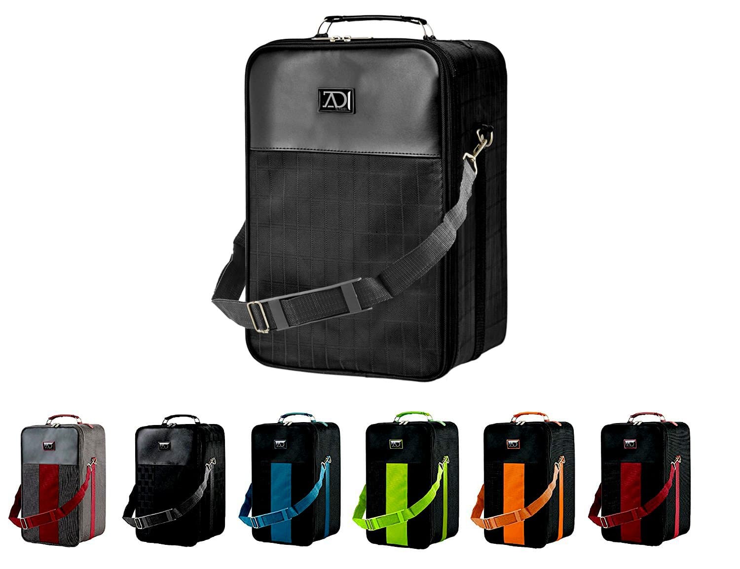 Large Wig Travel Box with Top Handle, Shoulder Strap and Double Zipper, Carrying Case with Removable Head-Holding Base - Black Grid Design - by Adolfo Design