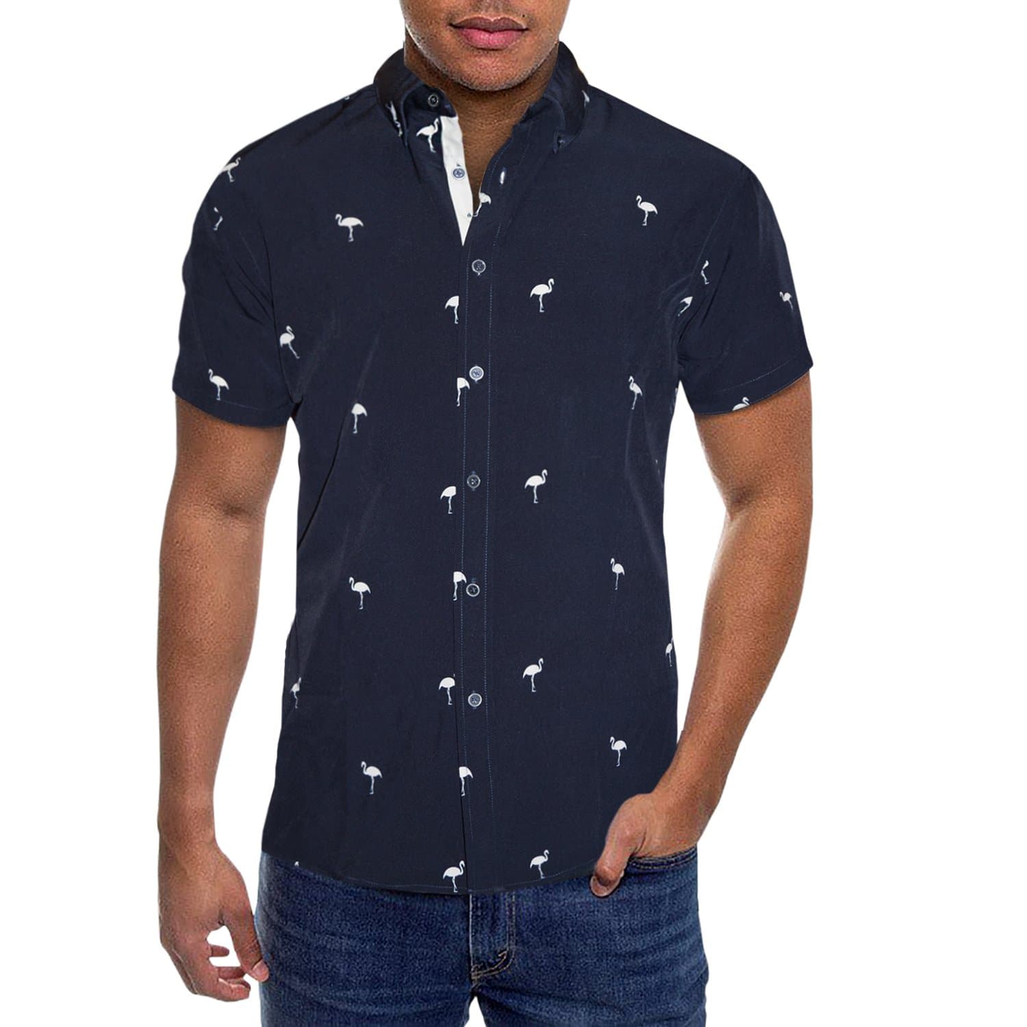Mens Slim Fit Short Sleeve Button Down Polo Tech Stretch Printed Oxford Shirt