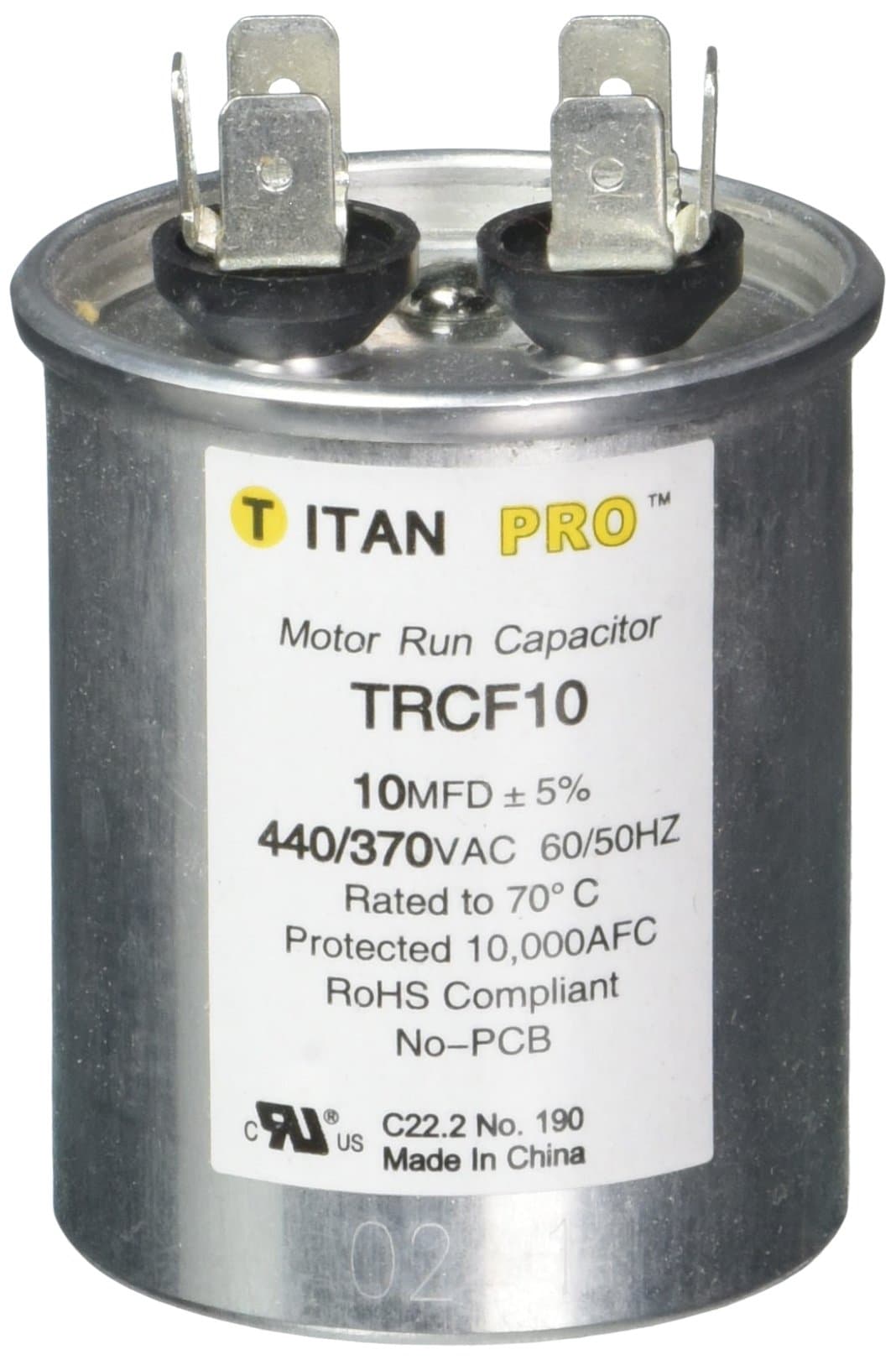 Motor Run Capacitor, 10 MFD, 2-7/8 In. H