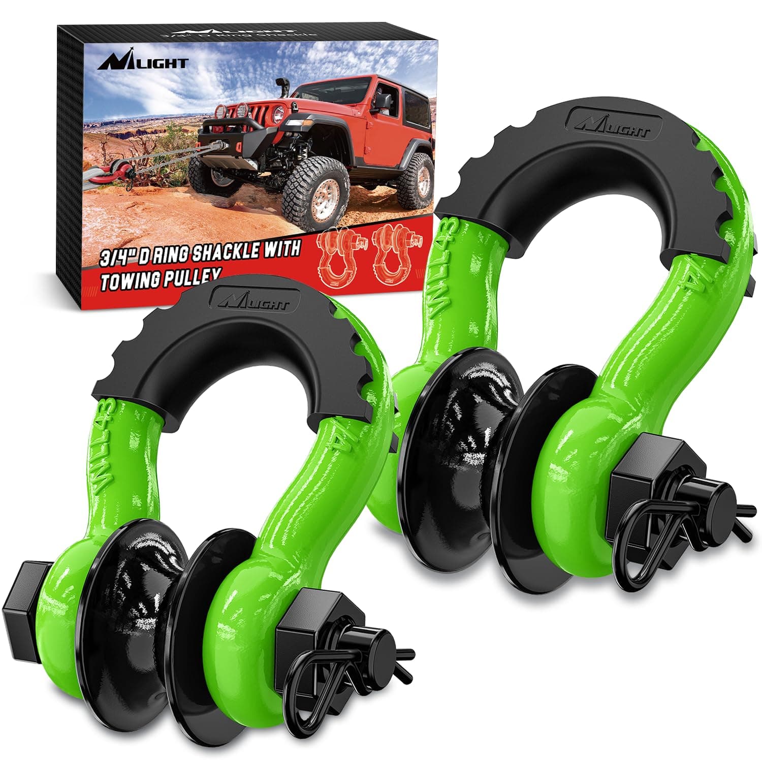 Nilight 3/4" D-Ring Shackle w/Snatch Block (2 Pack) 9,500 lb Working Load, 2-in-1 Heavy‑Duty Towing Pulley w/Isolator for Off‑Road Recovery, Winch Cable & Rope, Truck Jeep ATV UTV Tractor, Green