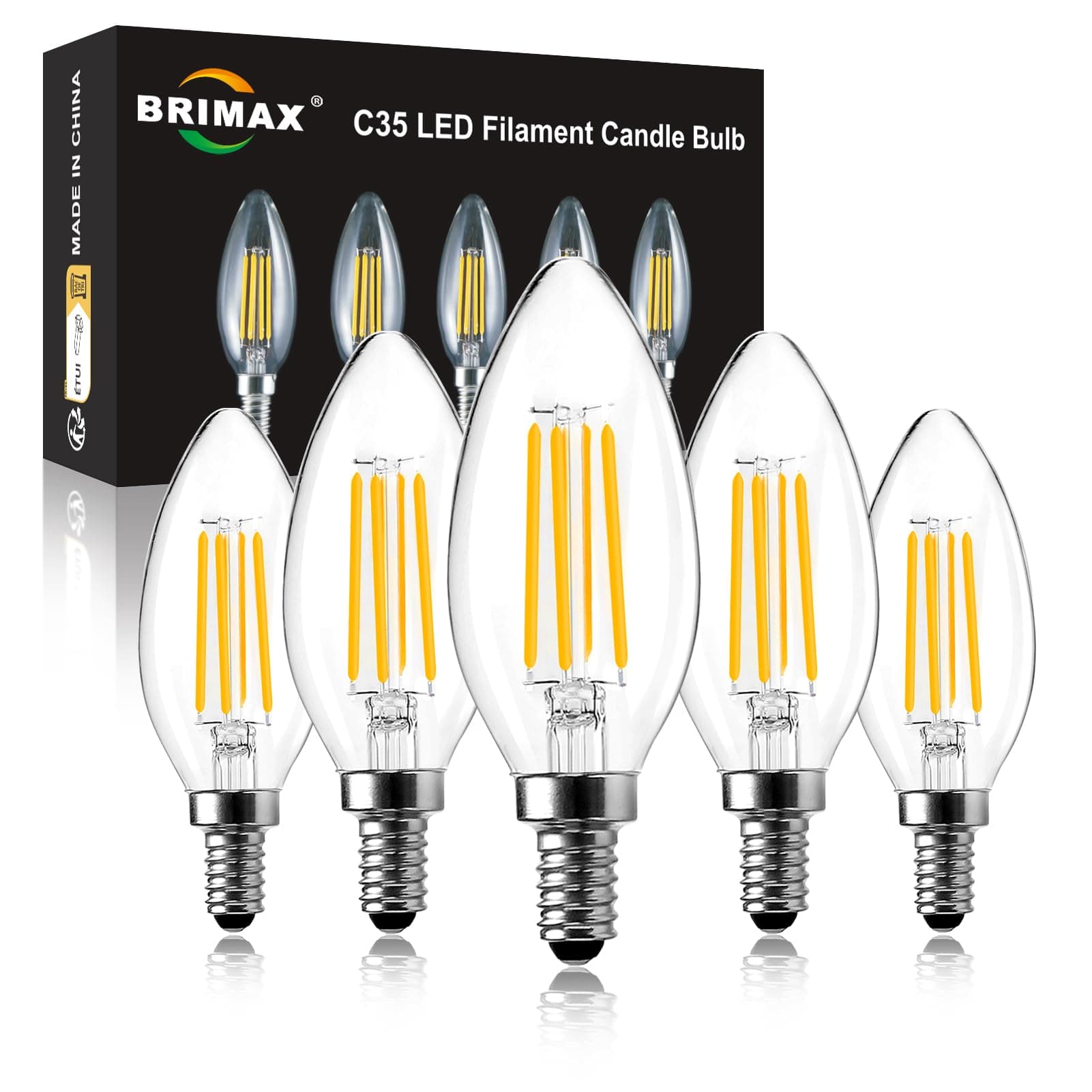 BRIMAX E14 LED Candle Bulbs Dimmable 4W, 40W Equivalent, Soft Warm White 2700K, 400lm, Small Edison Screw SES Chandelier Bulbs, C35 Vintage Filament Energy Saving Candelabra Bulb, 5Pack