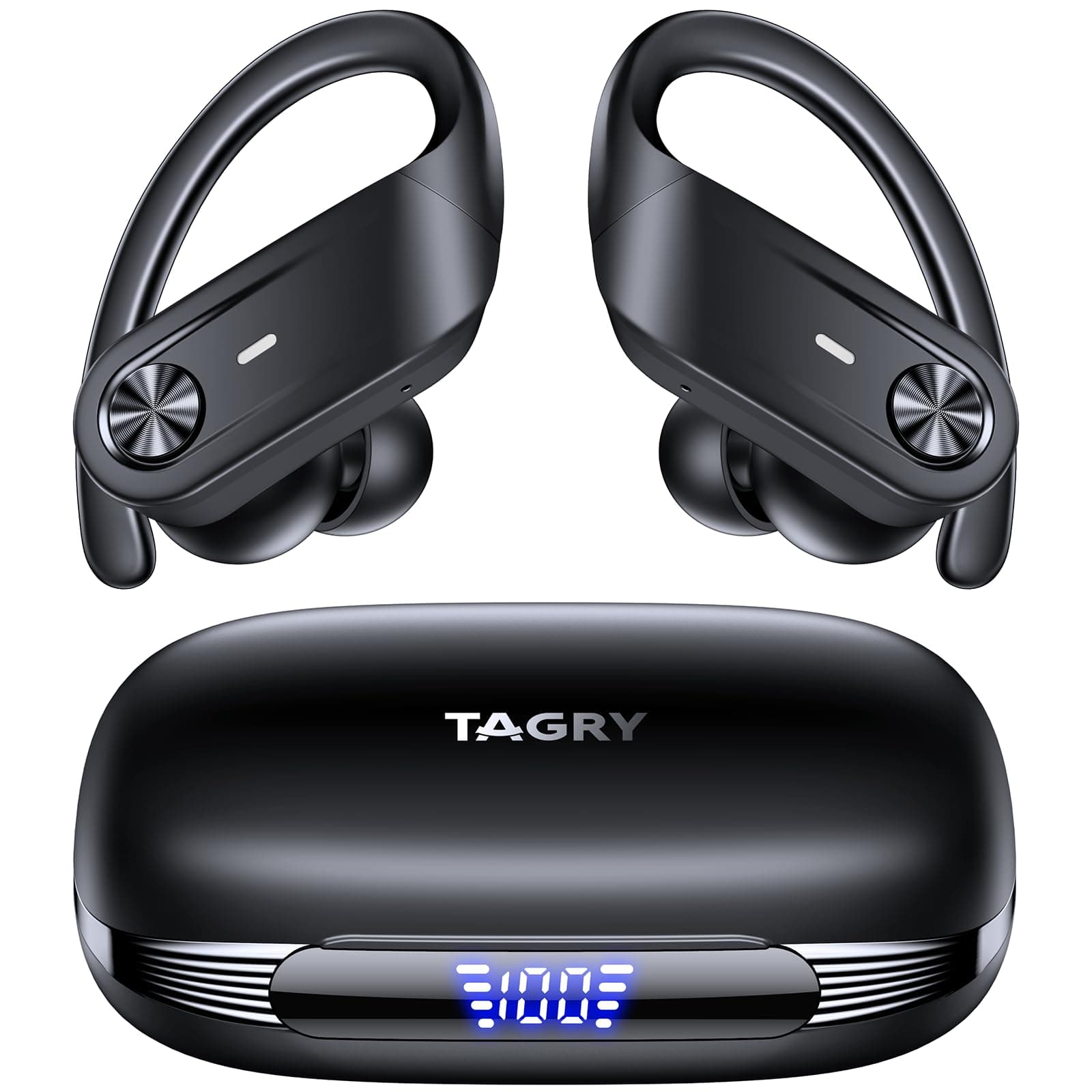 TAGRY - 80H Bluetooth Wireless Earbuds, IPX7 Playtime, Waterproof Digital Display, Sports Earbuds with Earhook, Microphone, Stereo Earbuds