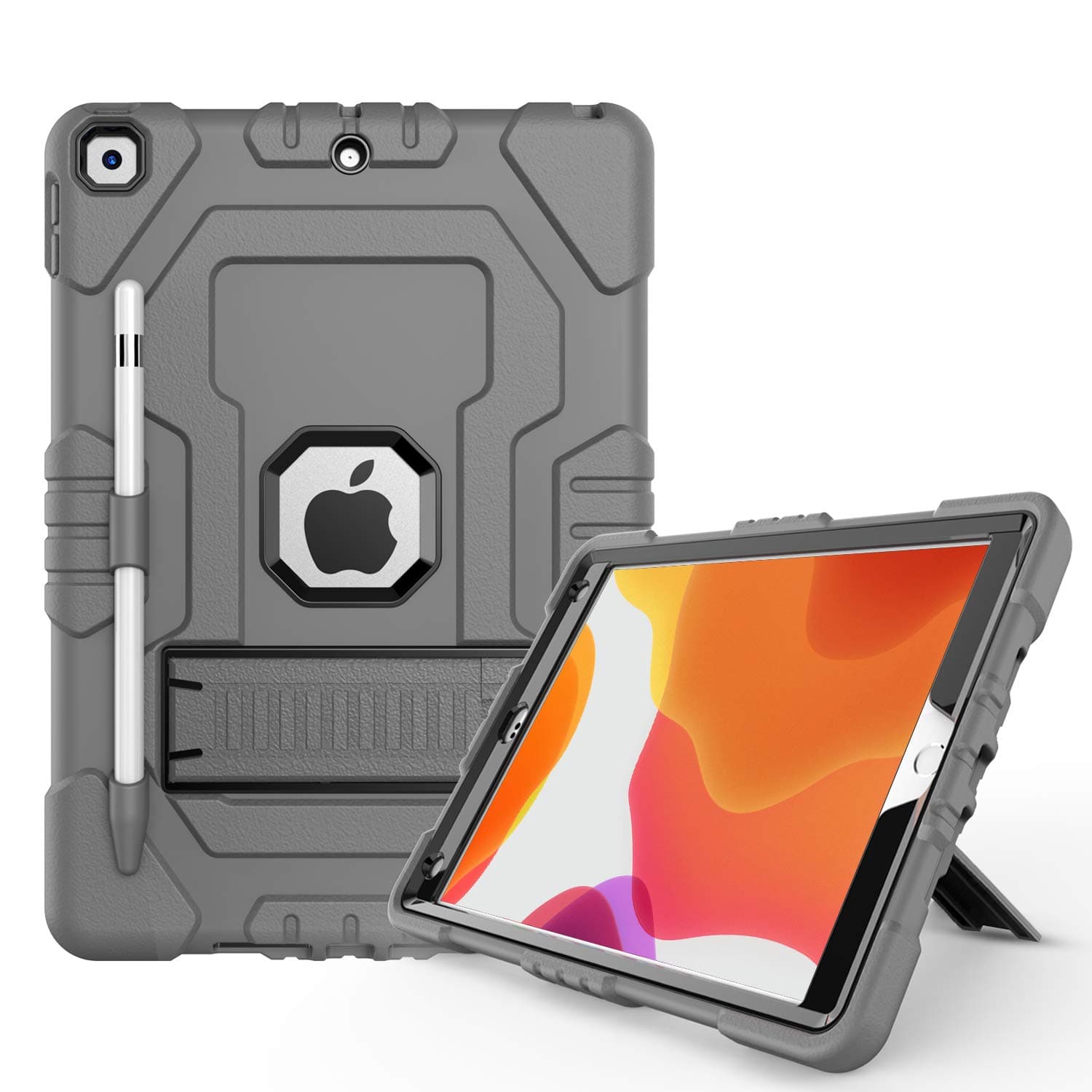 Digital Hutty Case for iPad 8th Generation / iPad 7th Generation (10.2 Inch, 2020/2019 Model), Hybrid Three Layers Armor Shockproof Heavy Duty Protective Case with Kickstand,Pencil Holder Gray