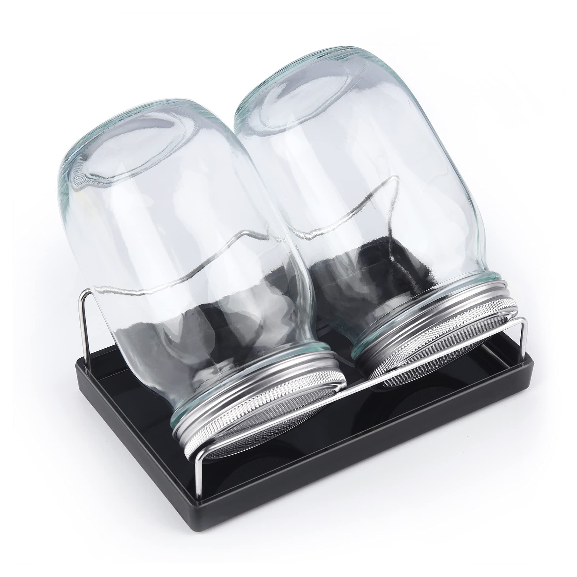 Sprouting Jar Kit-2 Wide Mouth Quart Mason Jars with 316 Stainless Steel Screen Sprout Lids,Melamine Tray,Stand and Canning Brush | Seed Sprouter Set for Growing Broccoli, Alfalfa, Mung Bean (Black)