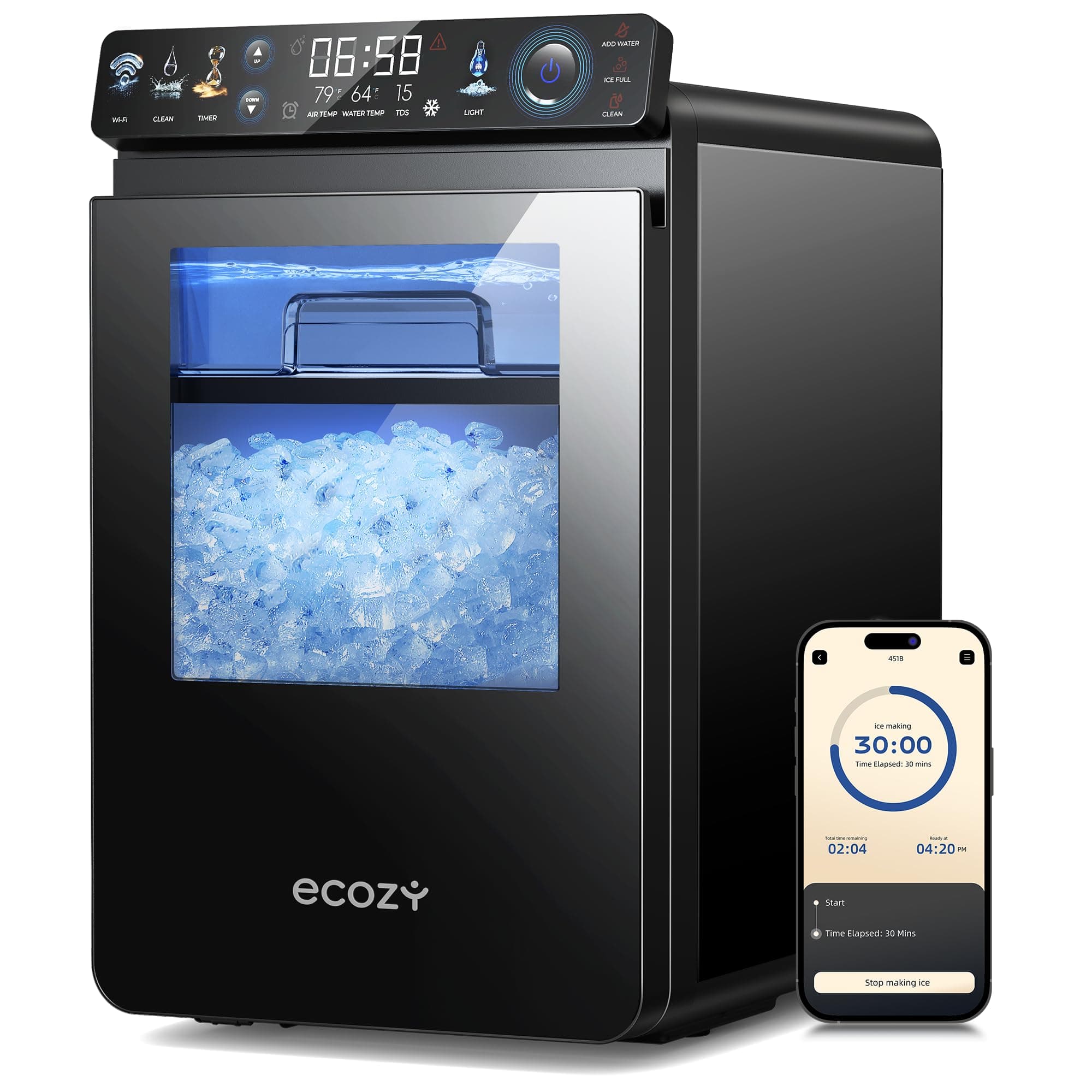 ecozy Nugget Ice Maker Countertop, Smart Pebble Ice Machine with APP Control, 44 lbs Per Day Soft Pellet Chewable Ice with Self-Cleaning, Black