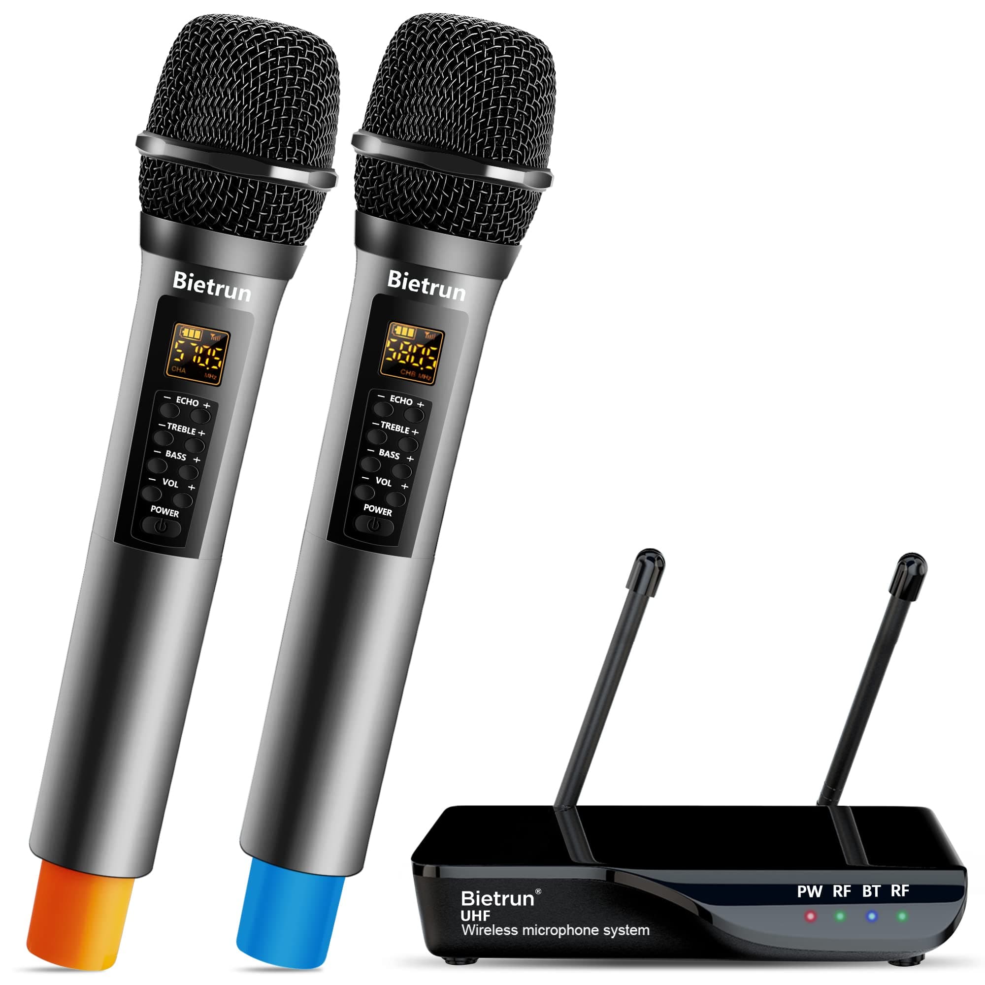 Wireless Microphone with Echo, Treble, Bass & Bluetooth, 160 FT Range, UHF Portable Dual Handheld Karaoke Dynamic Microphone System, for Karaoke Machine, Party Singing, Wedding, Amp, PA System