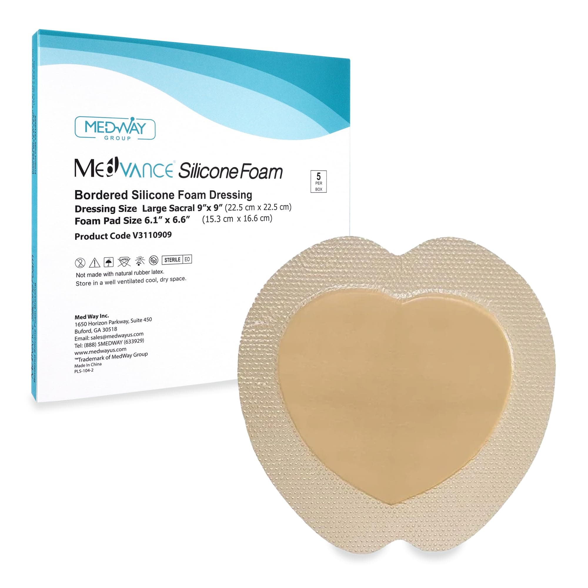 TM Silicone - Sacral Bordered Silicone Adhesive Foam Wound Dressing, Bed Sore Treatment Bandage for Sacrum, Size 9"x 9" (6.1" Pad x 6.6" Pad), Box of 5 dressings
