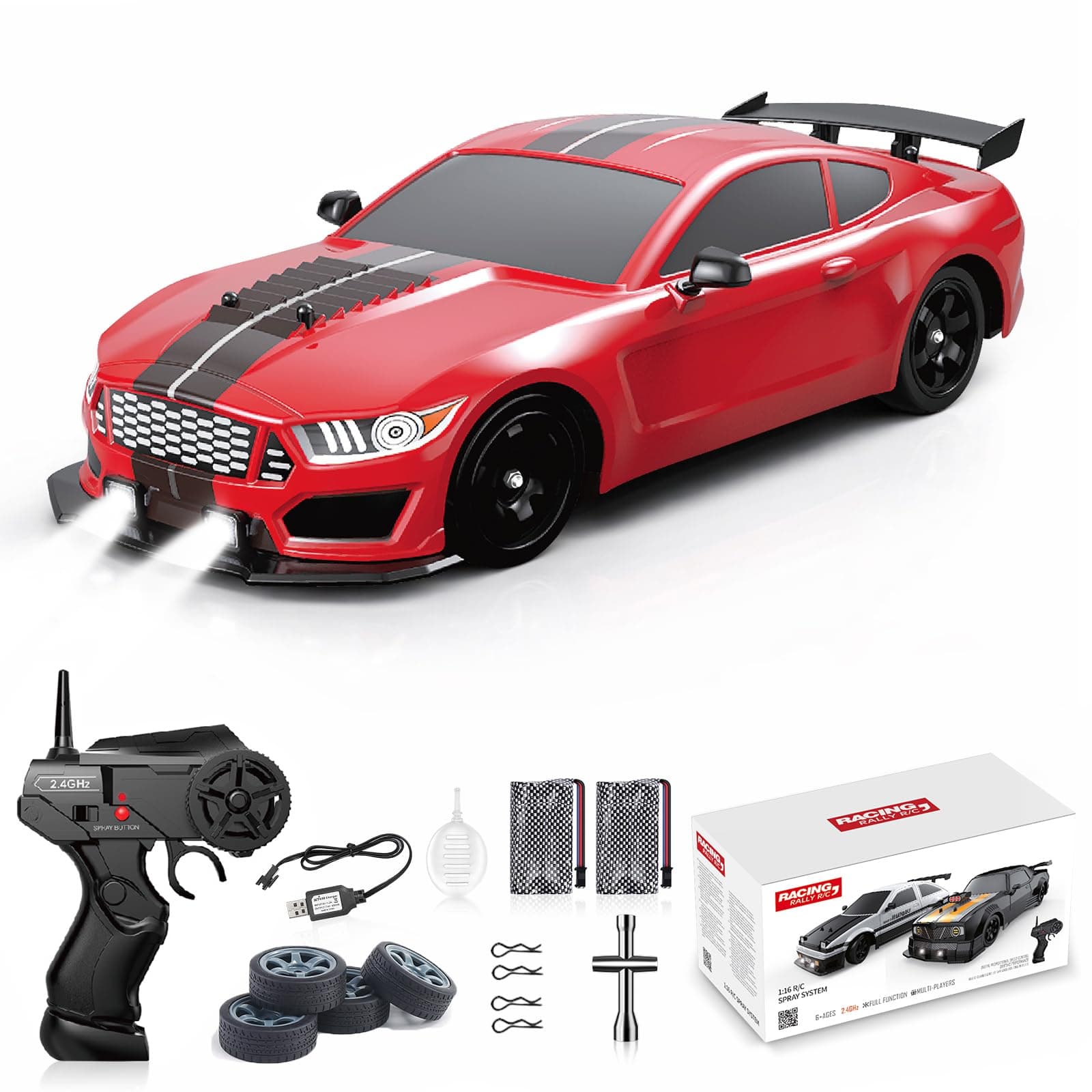 Remote Control Car RC Drift Car 1:16 Scale 4WD 18KM/H High Speed Model Vehicle 2.4GHz with LED Lights Spray Rubber Tire Racing Sport Toy for Adults Boys Girls Kids Gift 2Pcs Rechargeable Batteries