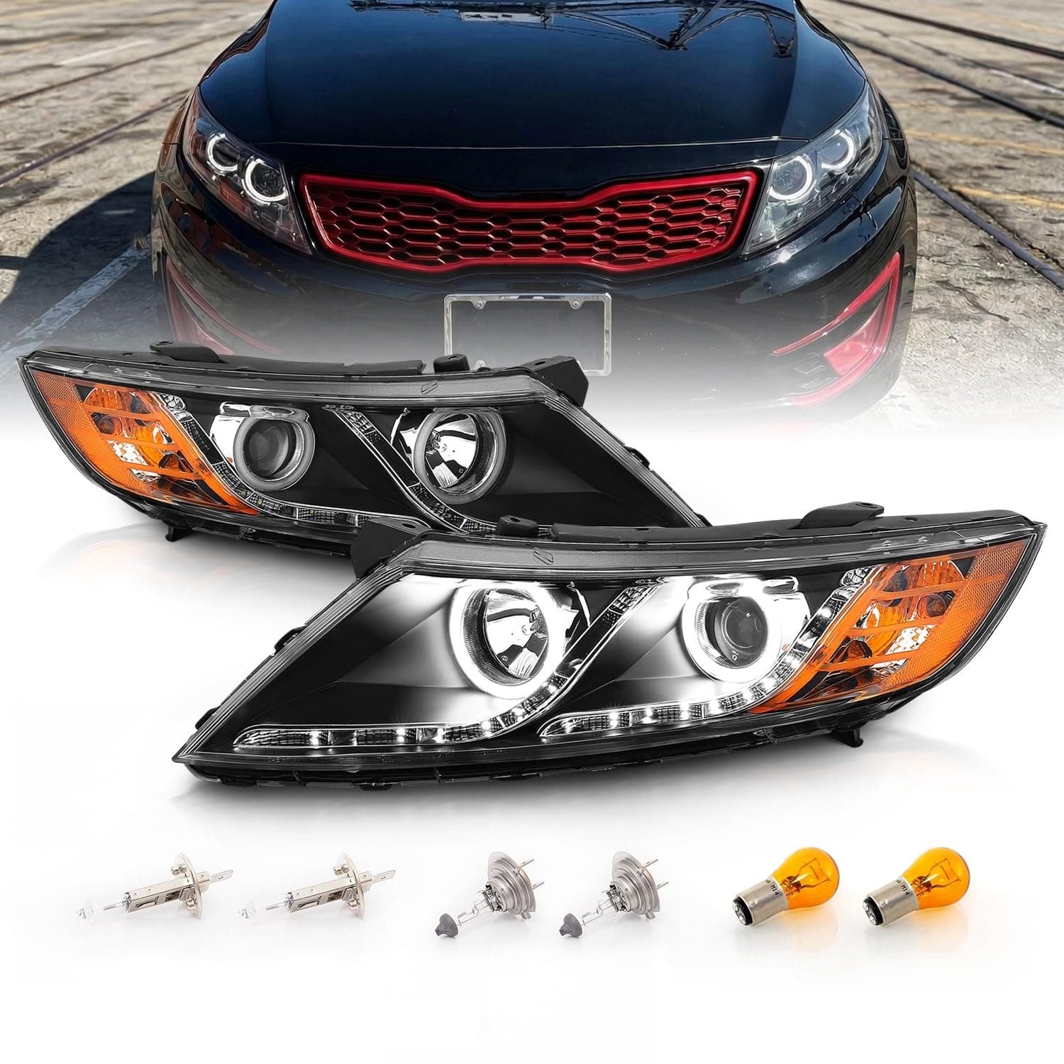 AmeriLite for 2011-2015 Kia Optima Halogen Model Xtreme LED Halo Rings Projector Black Replacement Headlights Set - Driver and Passenger Side