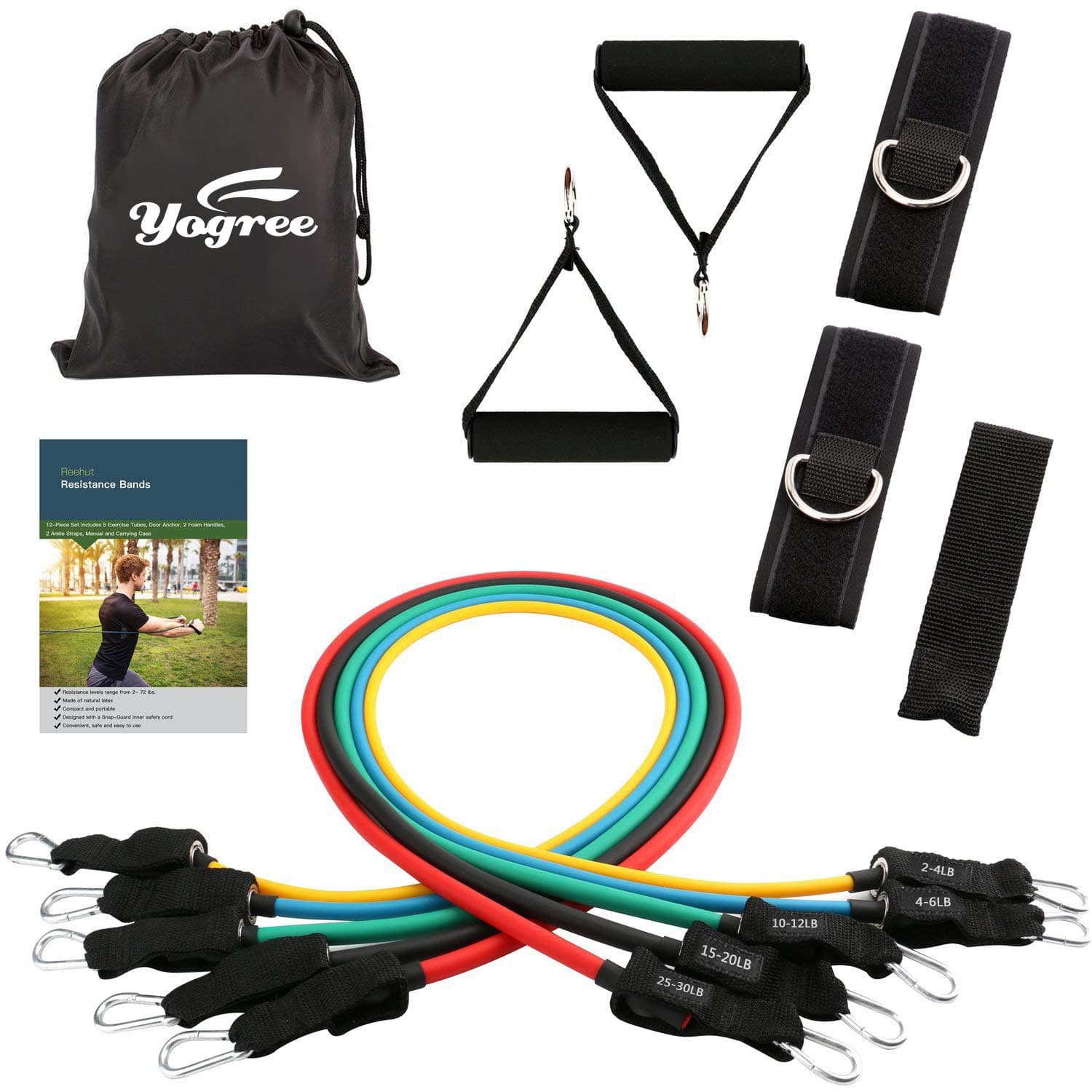yogree Resistance Band Set - 12 Pack Set Include 5 Stackable Exercise Bands with Carrying Case, Door Anchor Attachment and Legs Ankle Straps - with Exercise Guide Ebook