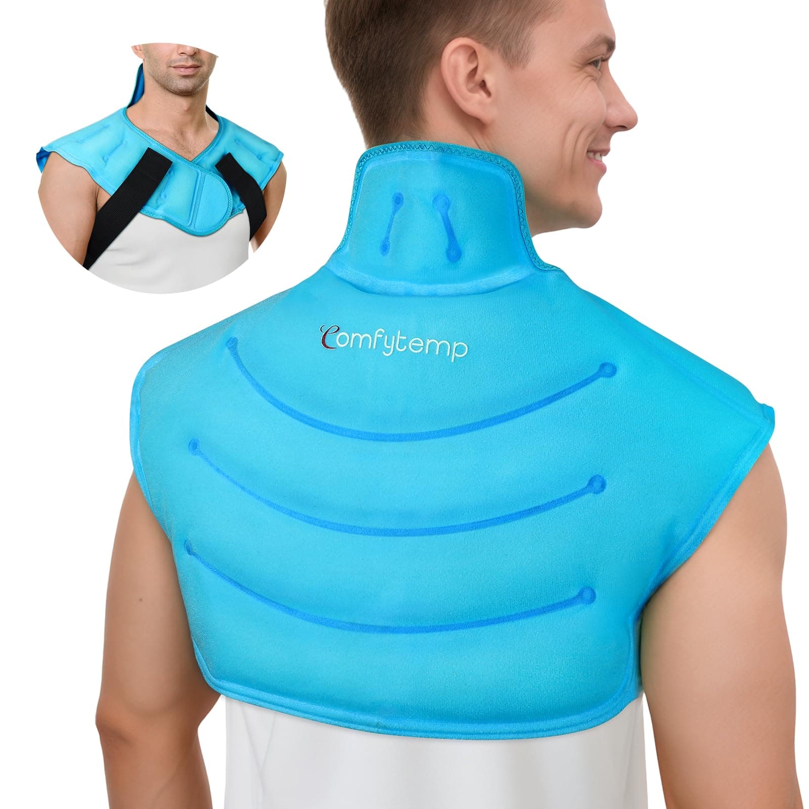 Comfytemp Large Ice Pack for Neck Shoulders Upper Back Pain Relief with Straps, Reusable Gel Ice Wrap Hot Cold Compress Therapy Recovery for Upper Back, Cervical Injuries, Rotator Cuff (Large, Blue)