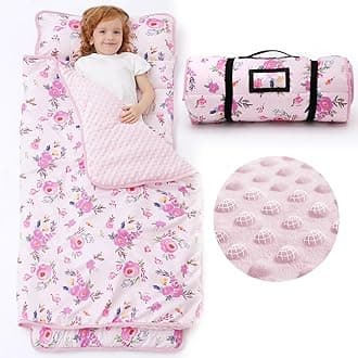 ACRABROSToddler Nap Mat with Pillow and Blanket, Extra Large Rolled Napping Mats,Slumber Bags for Boys Girls,Kids Sleeping Bag for Daycare, Preschool Travel Camping,Pink Floral