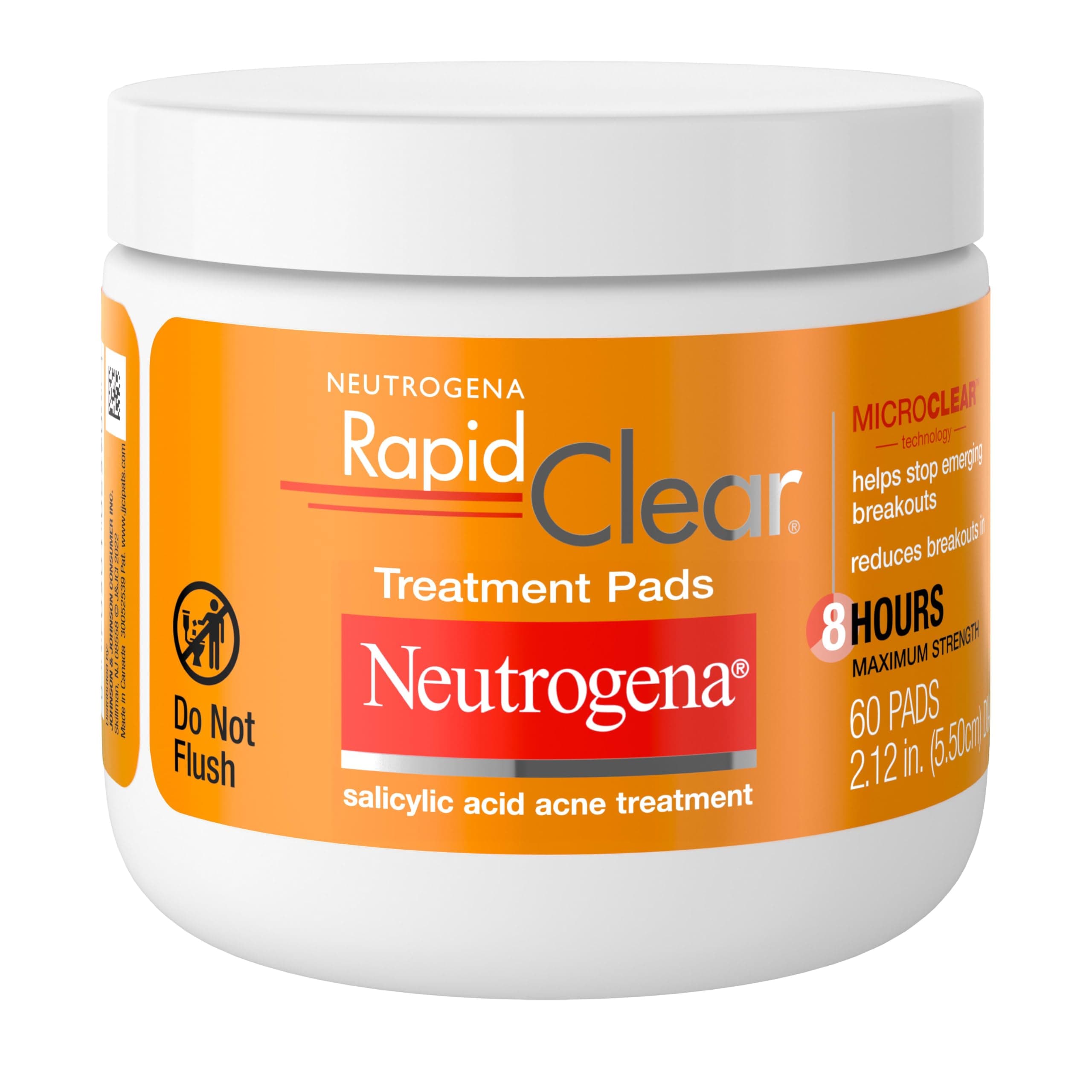 Neutrogena Rapid Clear Maximum Strength Acne Face Pads with 2% Salicylic Acid Acne Treatment Medication to Help Fight Breakouts, Oil-Free Facial Cleansing Pads for Acne-Prone Skin, 60 ct
